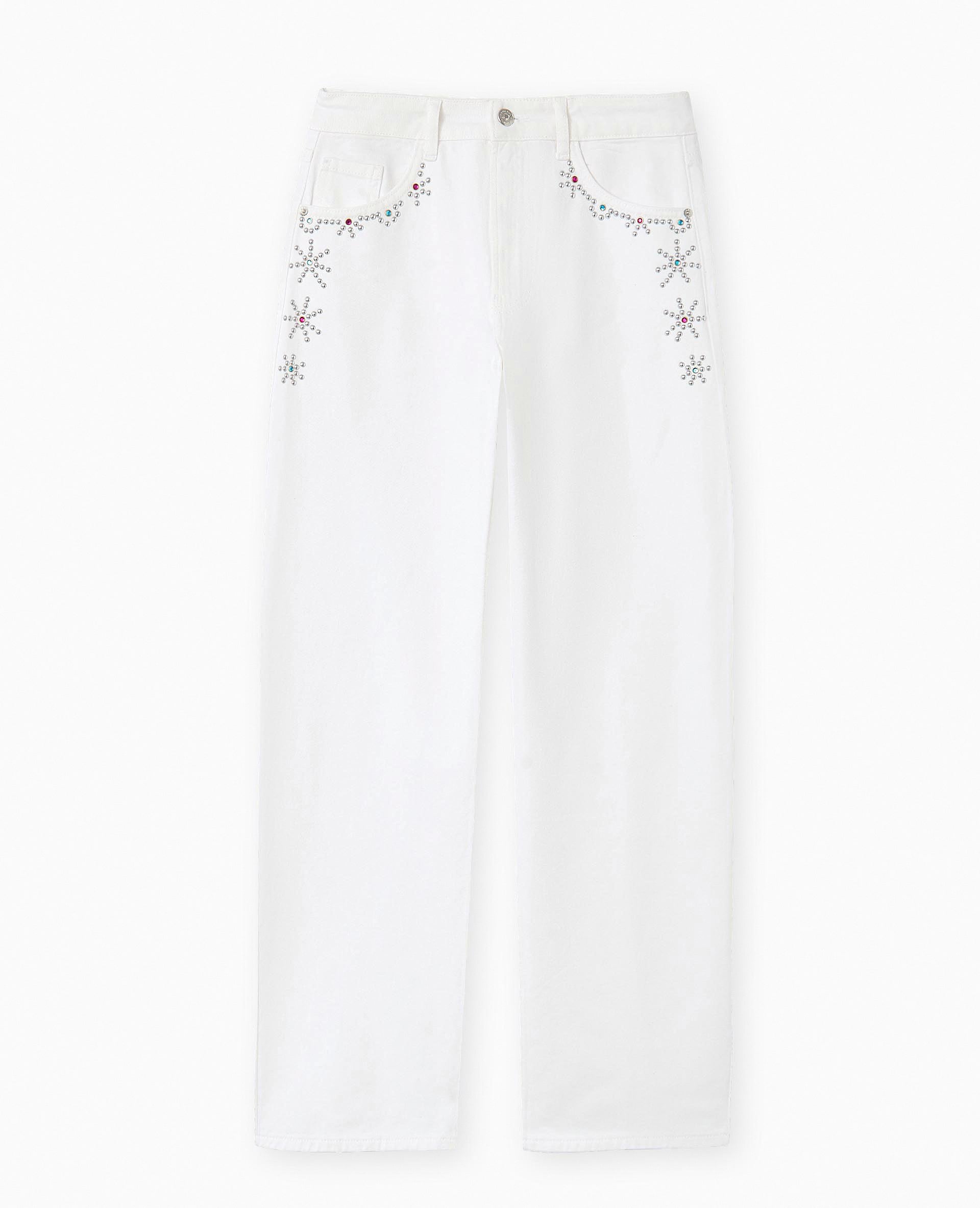 Jean barrel avec clous et strass colorés