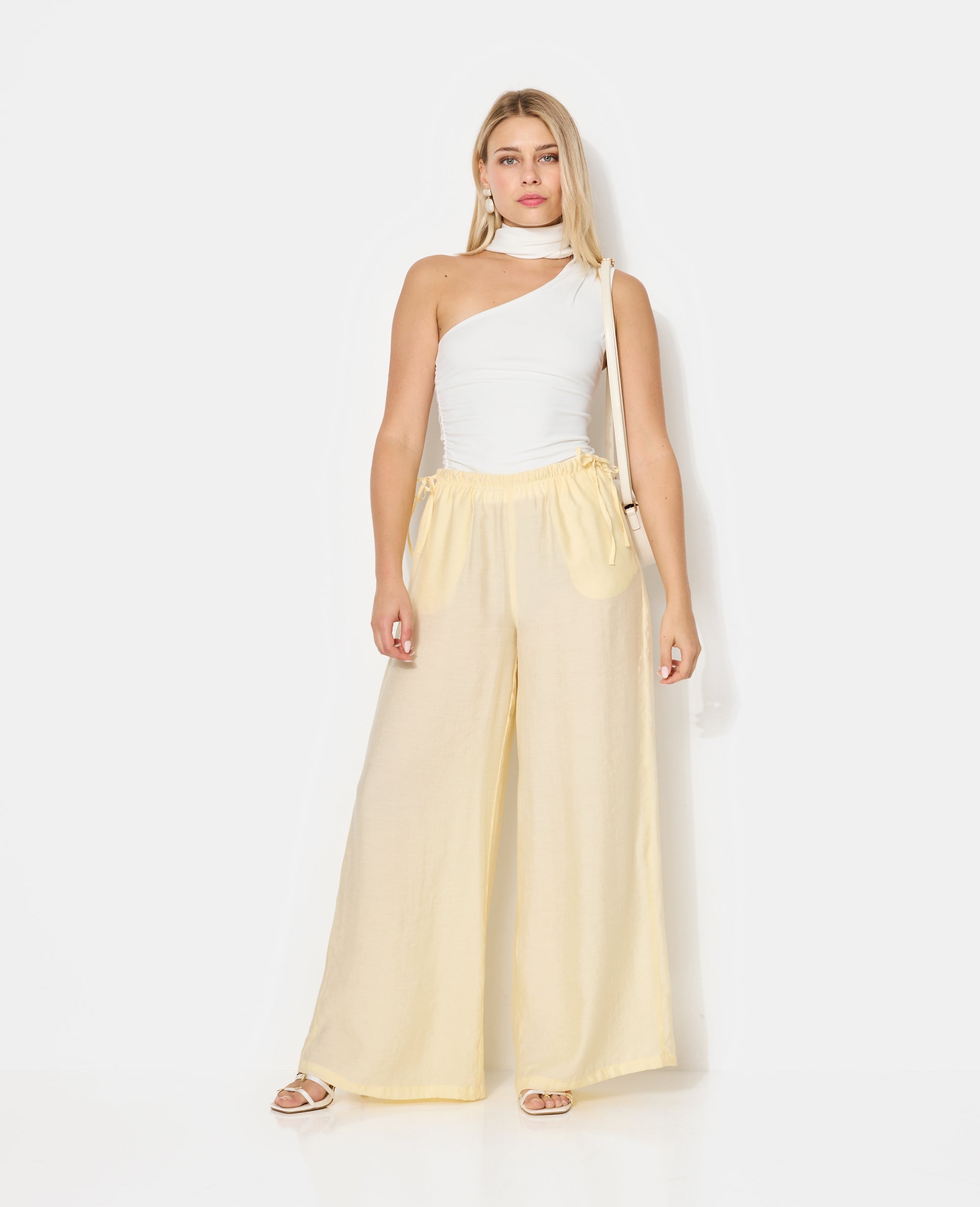 Pantalon palazzo en tissu effet peau de pêche