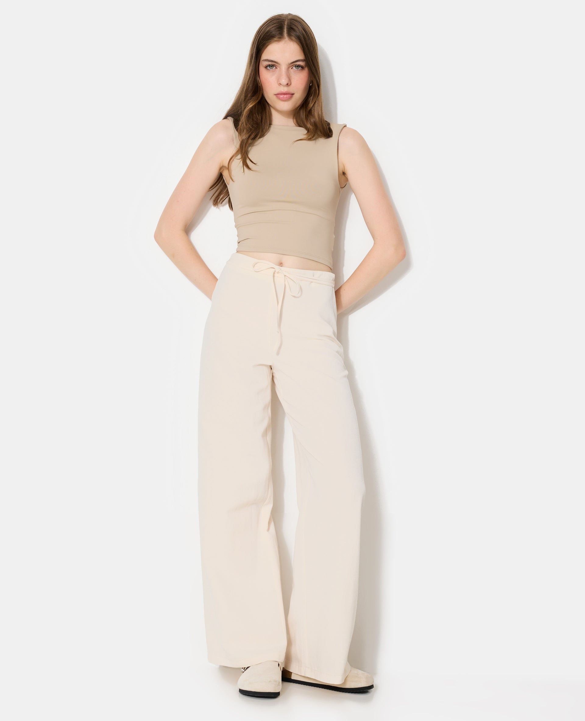 Pantalon droit taille haute avec lin