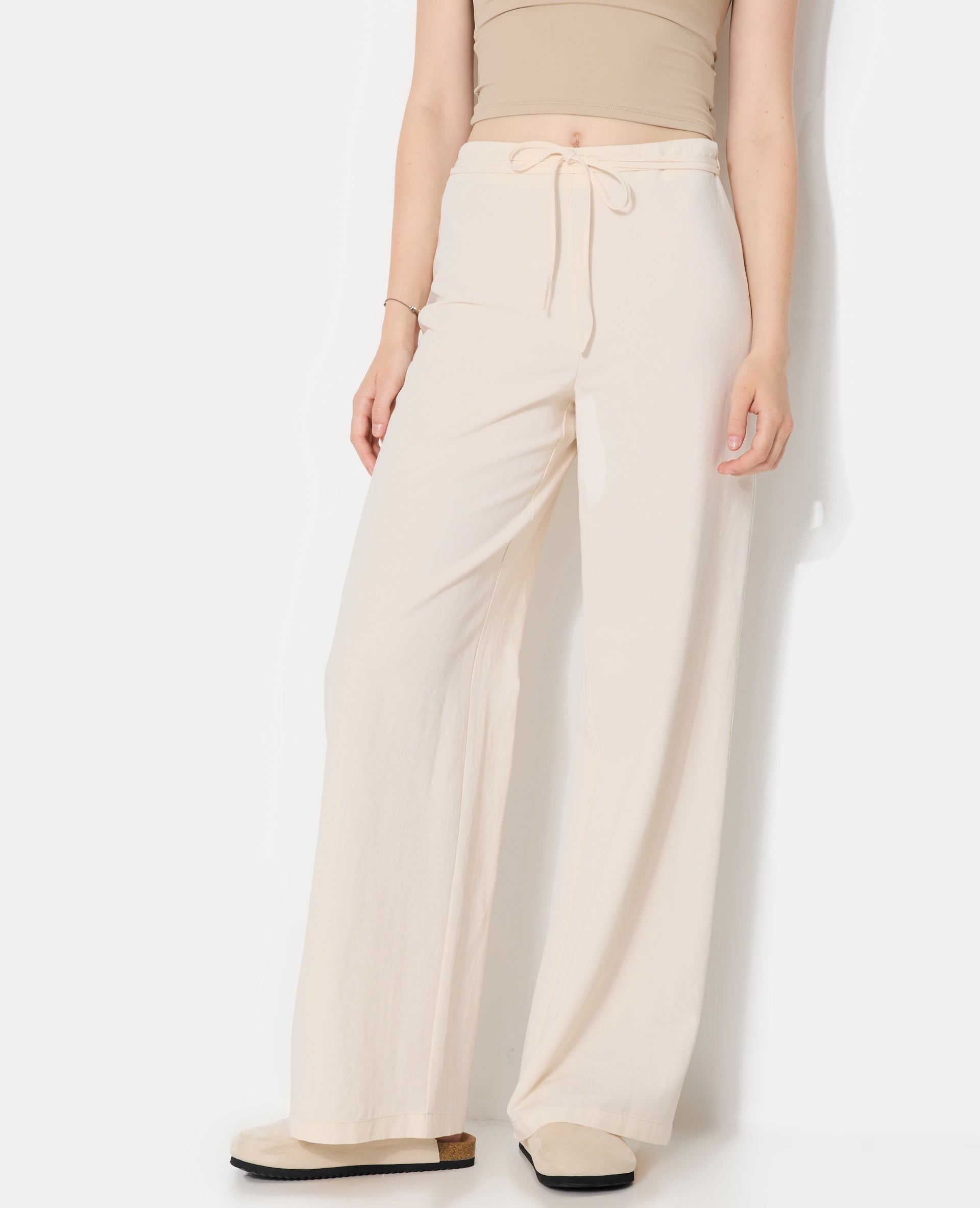 Pantalon droit taille haute avec lin