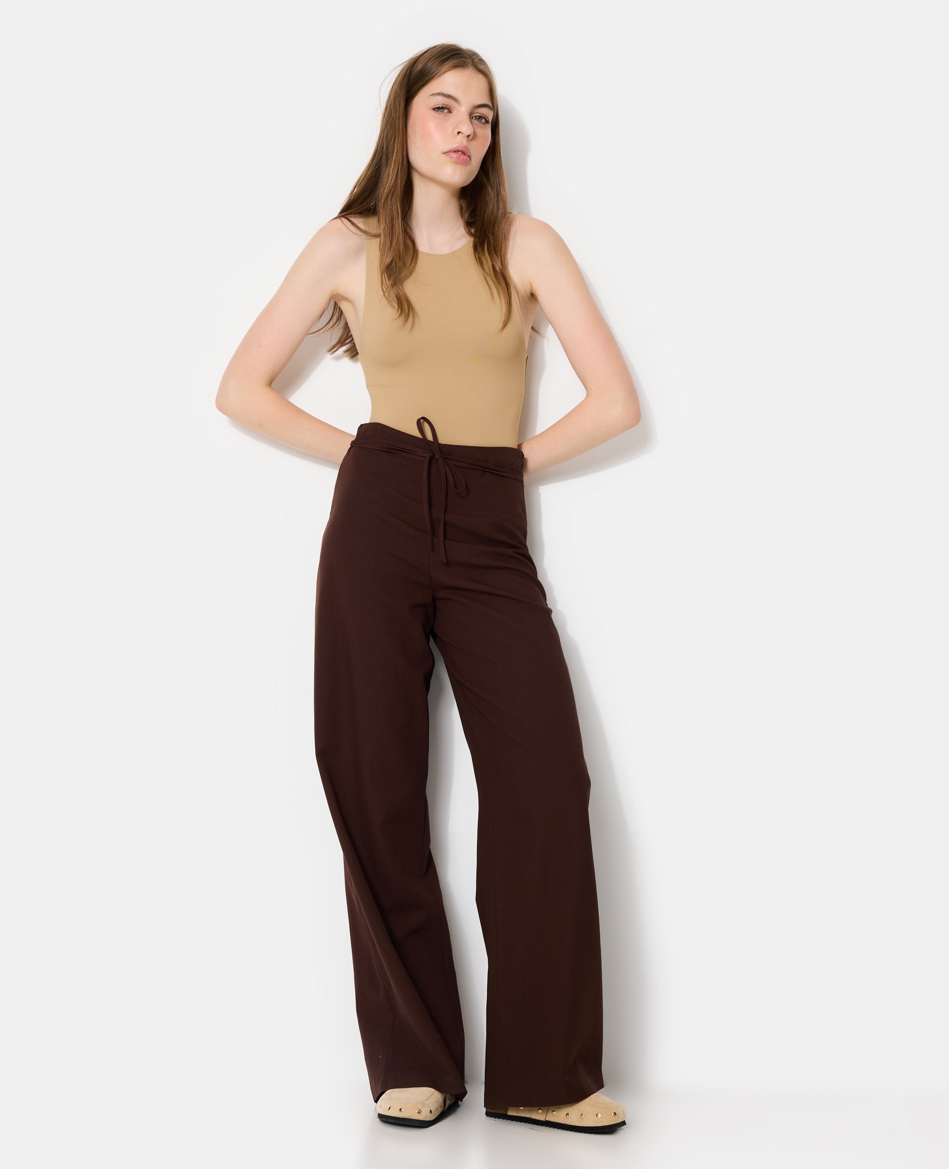 Pantalon droit taille haute avec lin