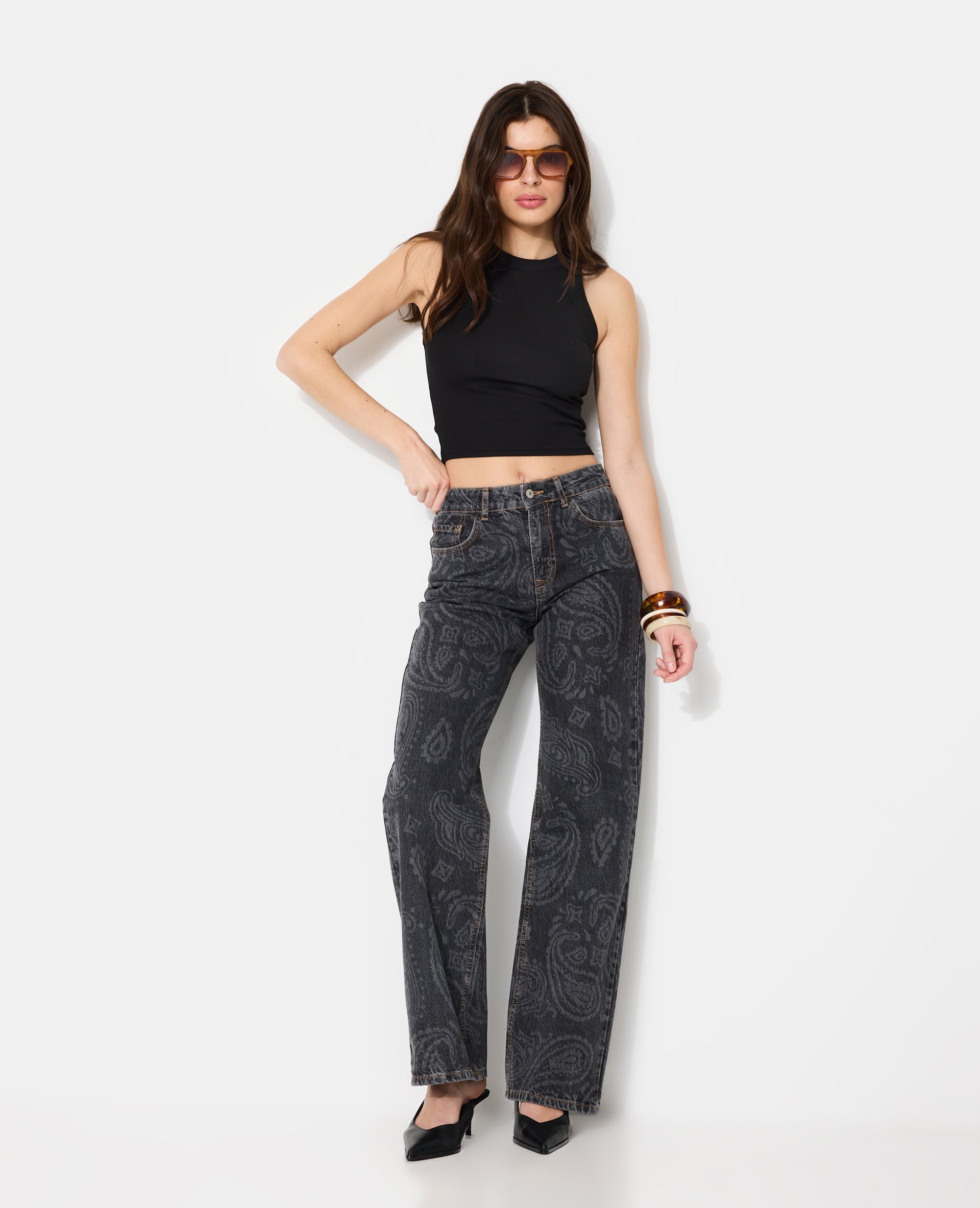 Jean straight taille haute avec motifs bandana