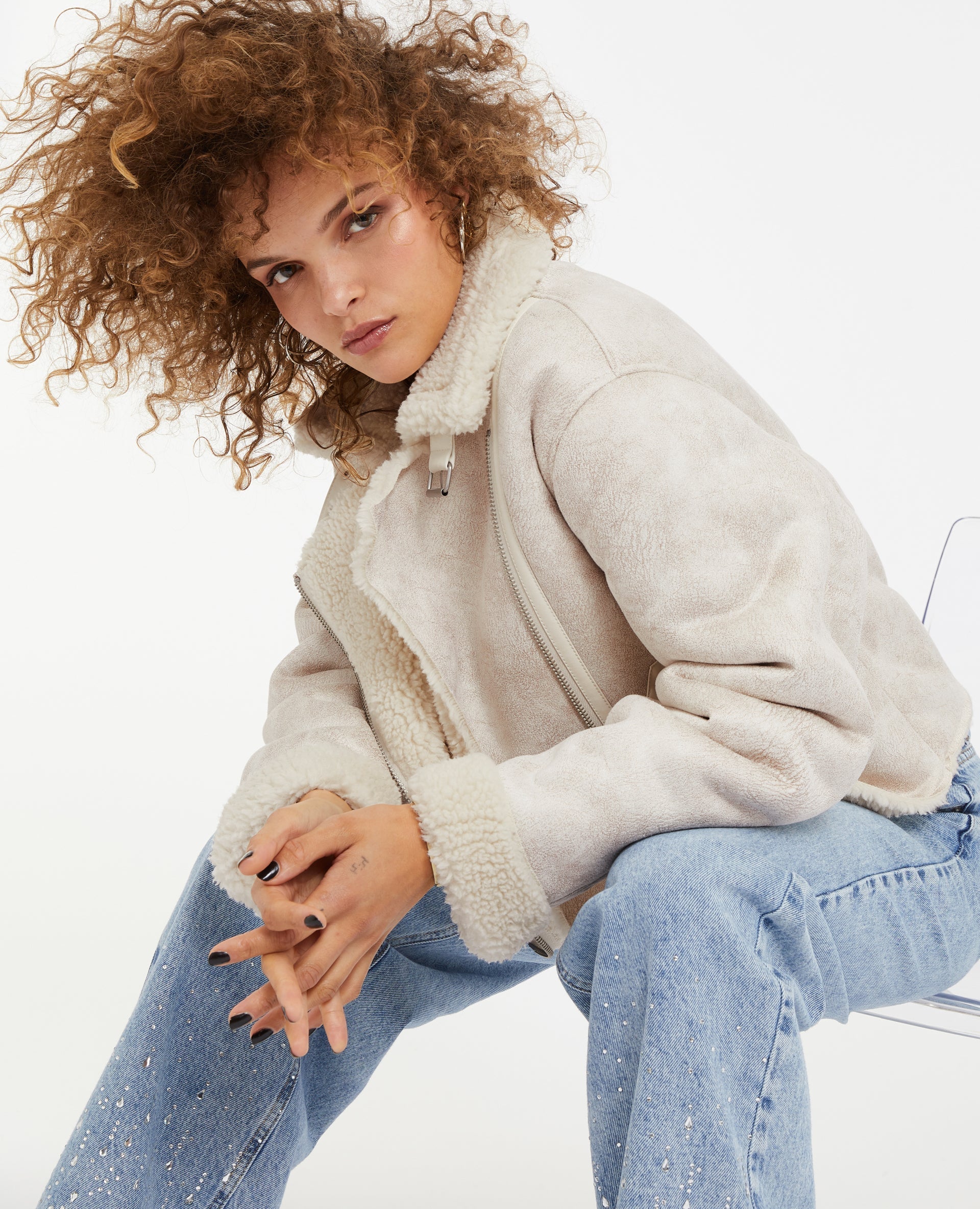 Blouson en suédine et sherpa façon peau lainée