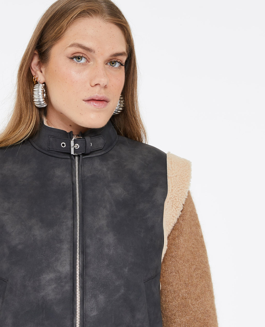 Blouson sans manches effet cuir et sherpa