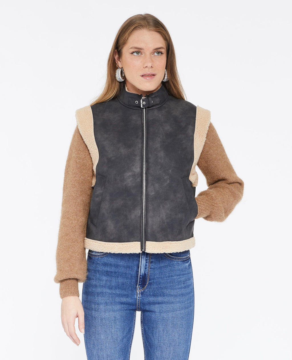 Blouson sans manches effet cuir et sherpa