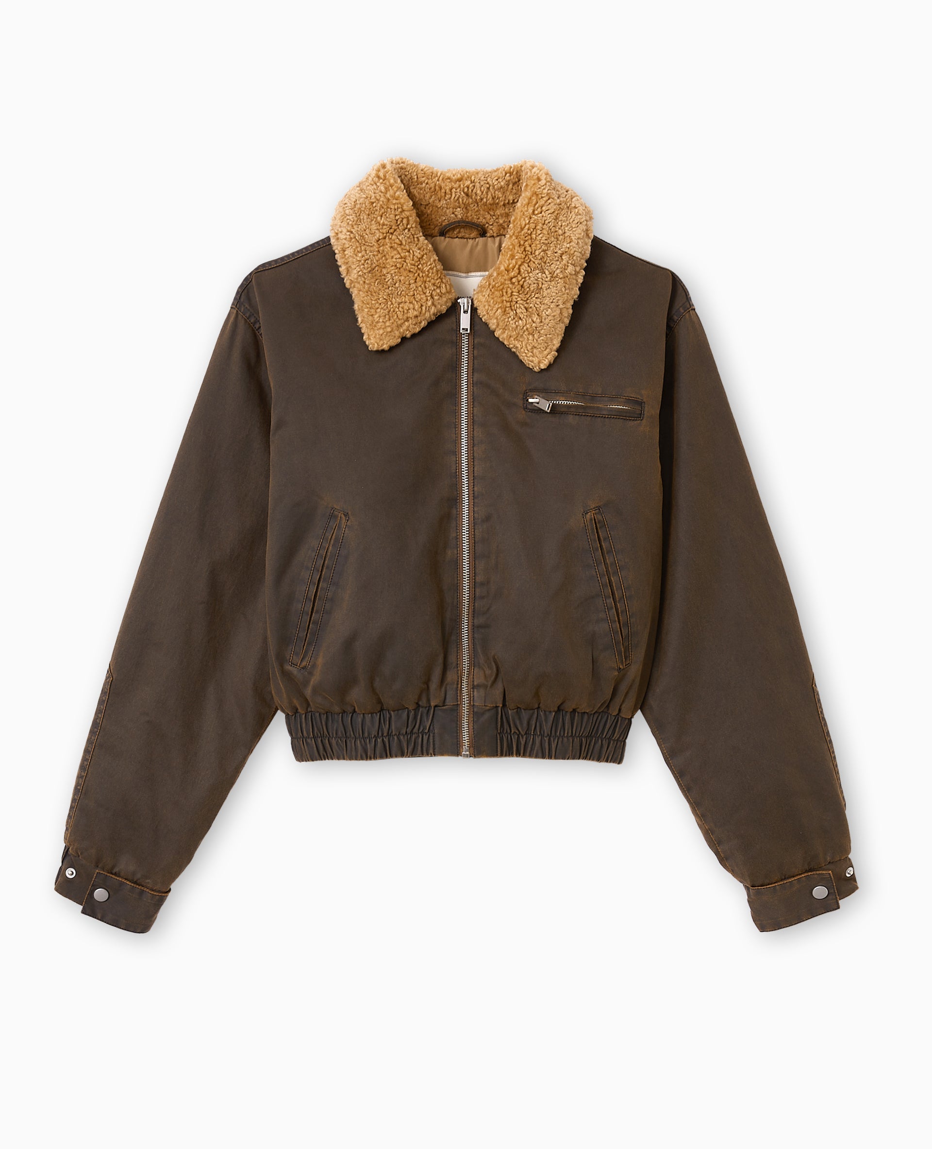 Bouson court en toile effet huilé avec col sherpa