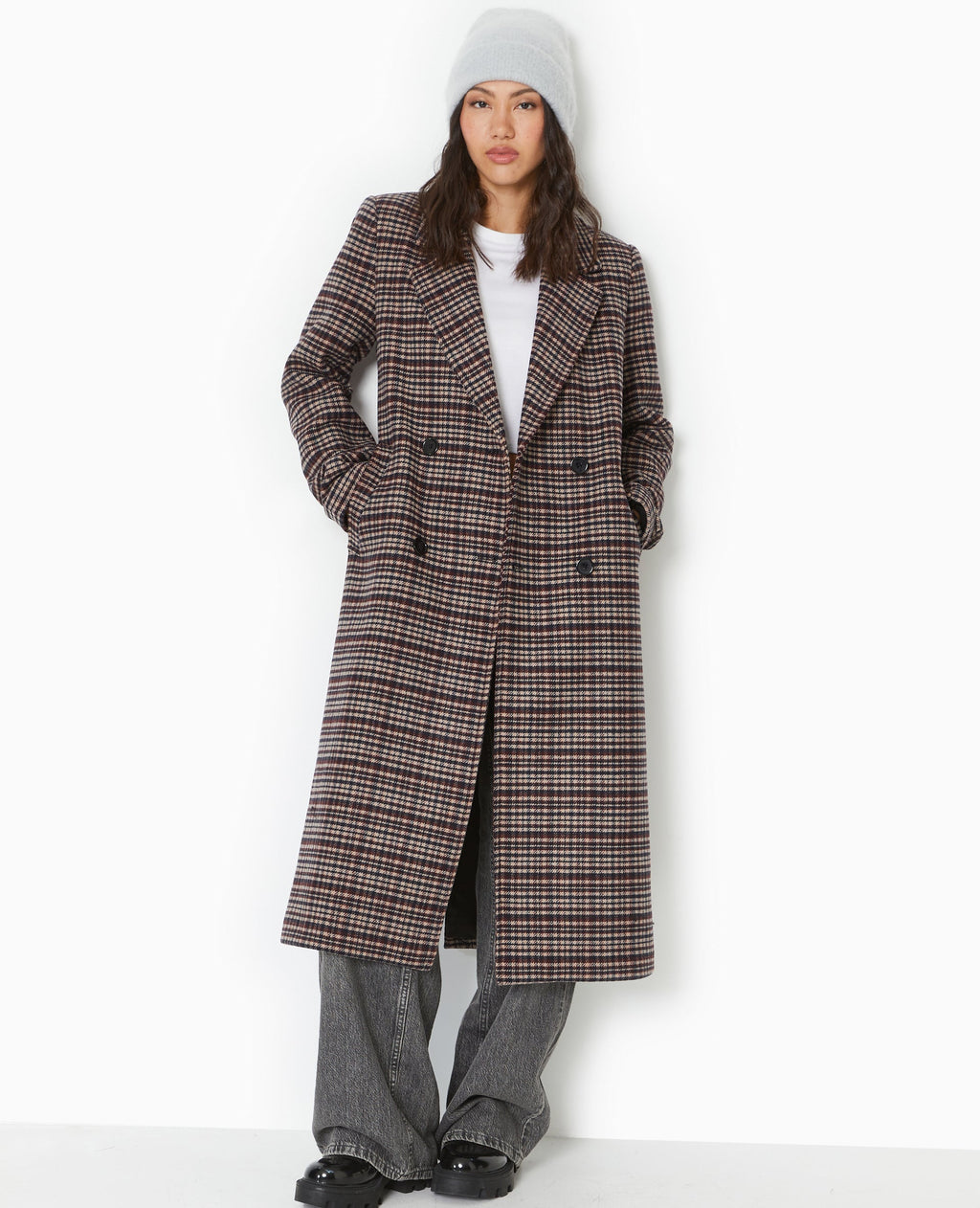Manteau long avec laine motif carreaux
