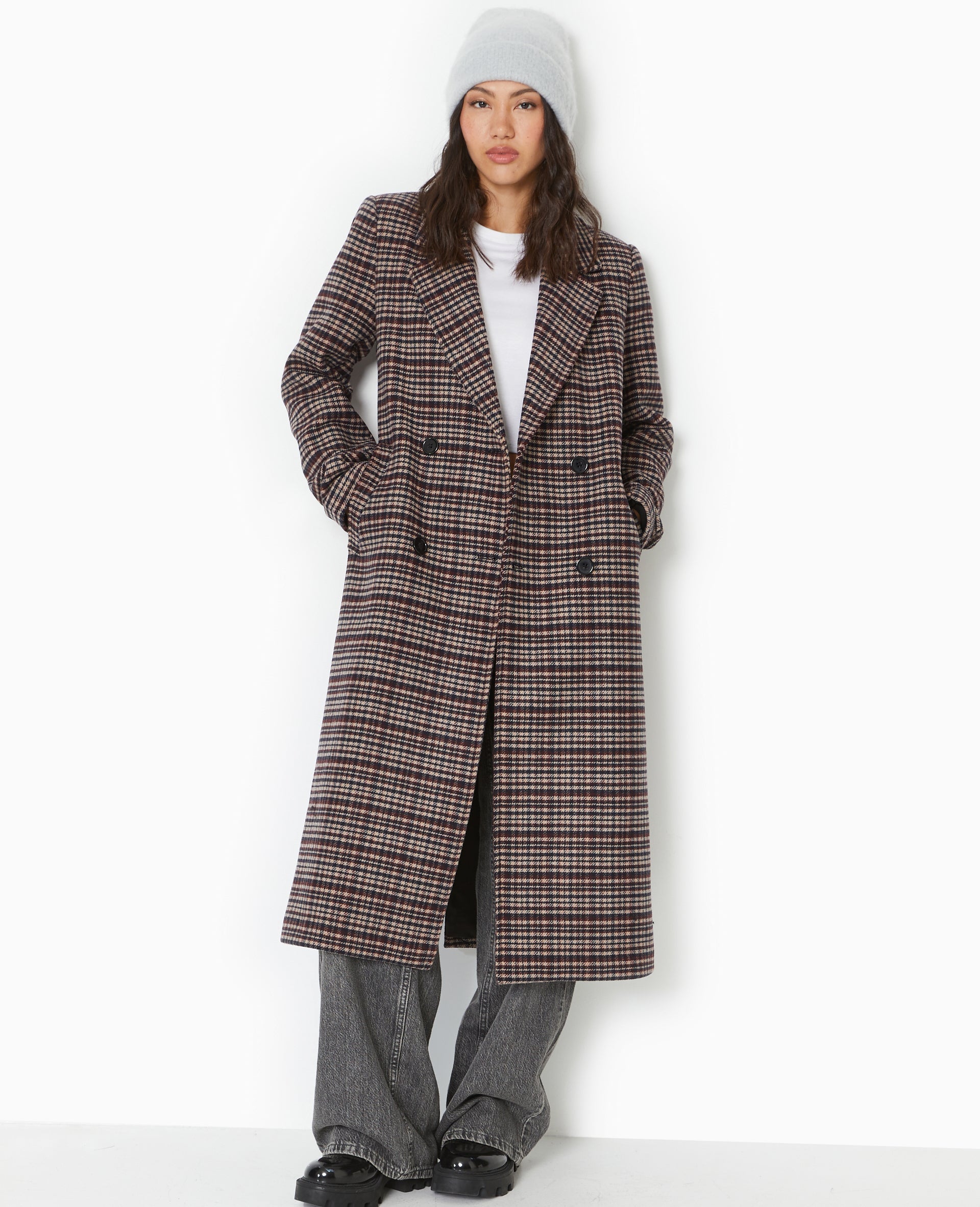 Manteau long avec laine motif carreaux