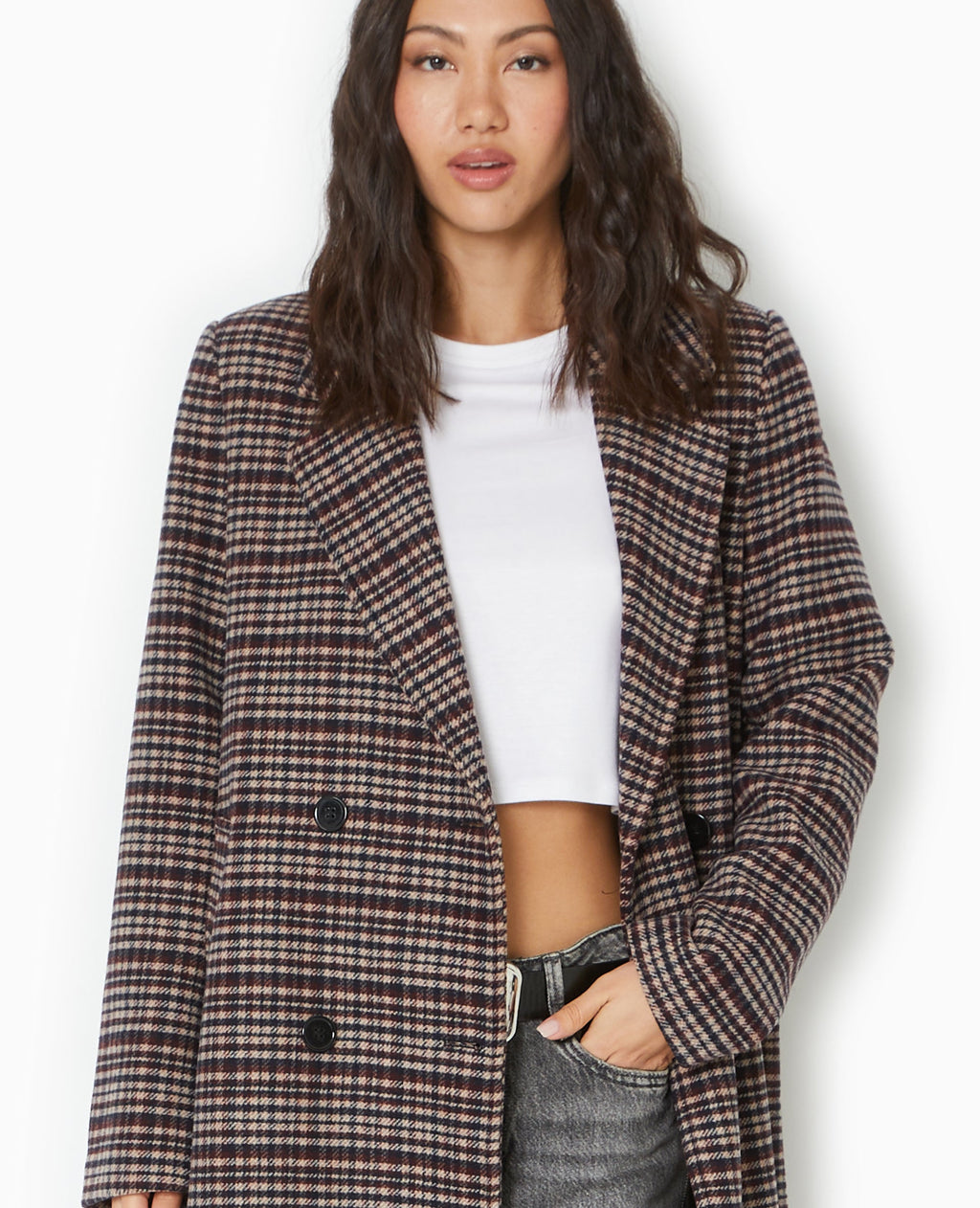 Manteau long avec laine motif carreaux