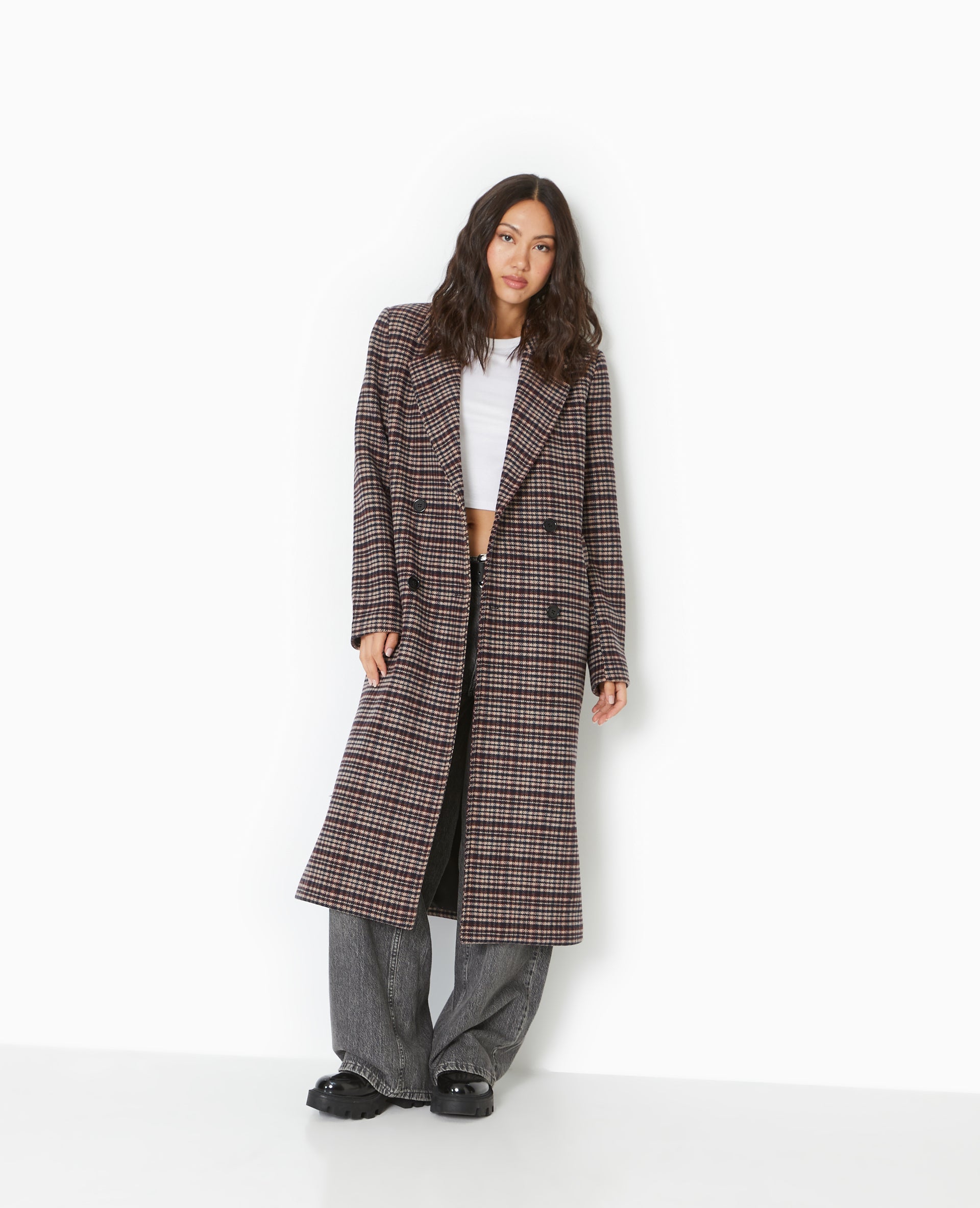 Manteau long avec laine motif carreaux