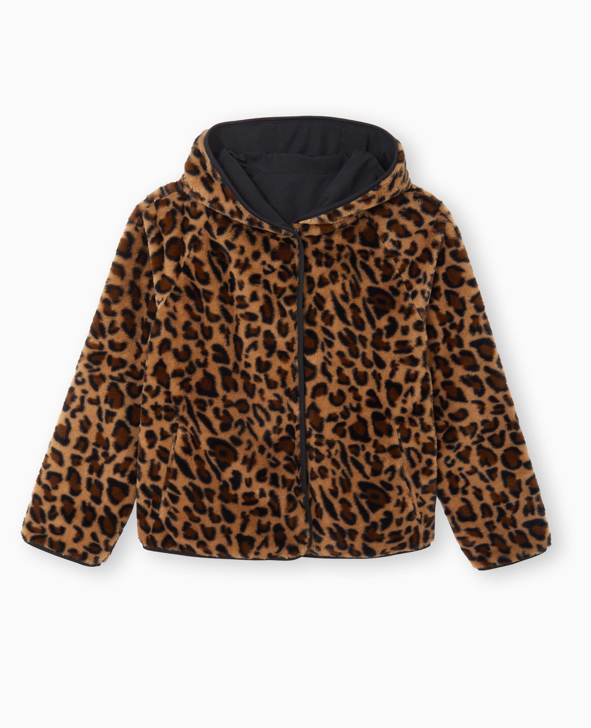 Manteau court réversible avec fourrure motif léopard