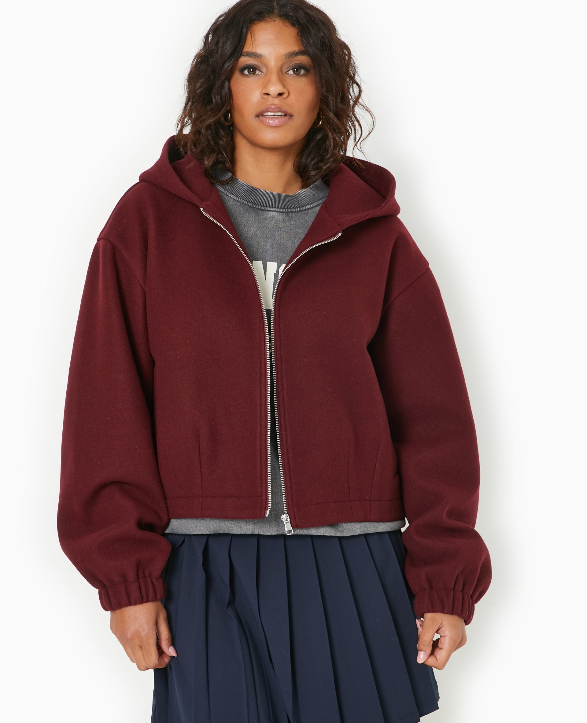 Blouson zippé avec capuche effet drap de laine