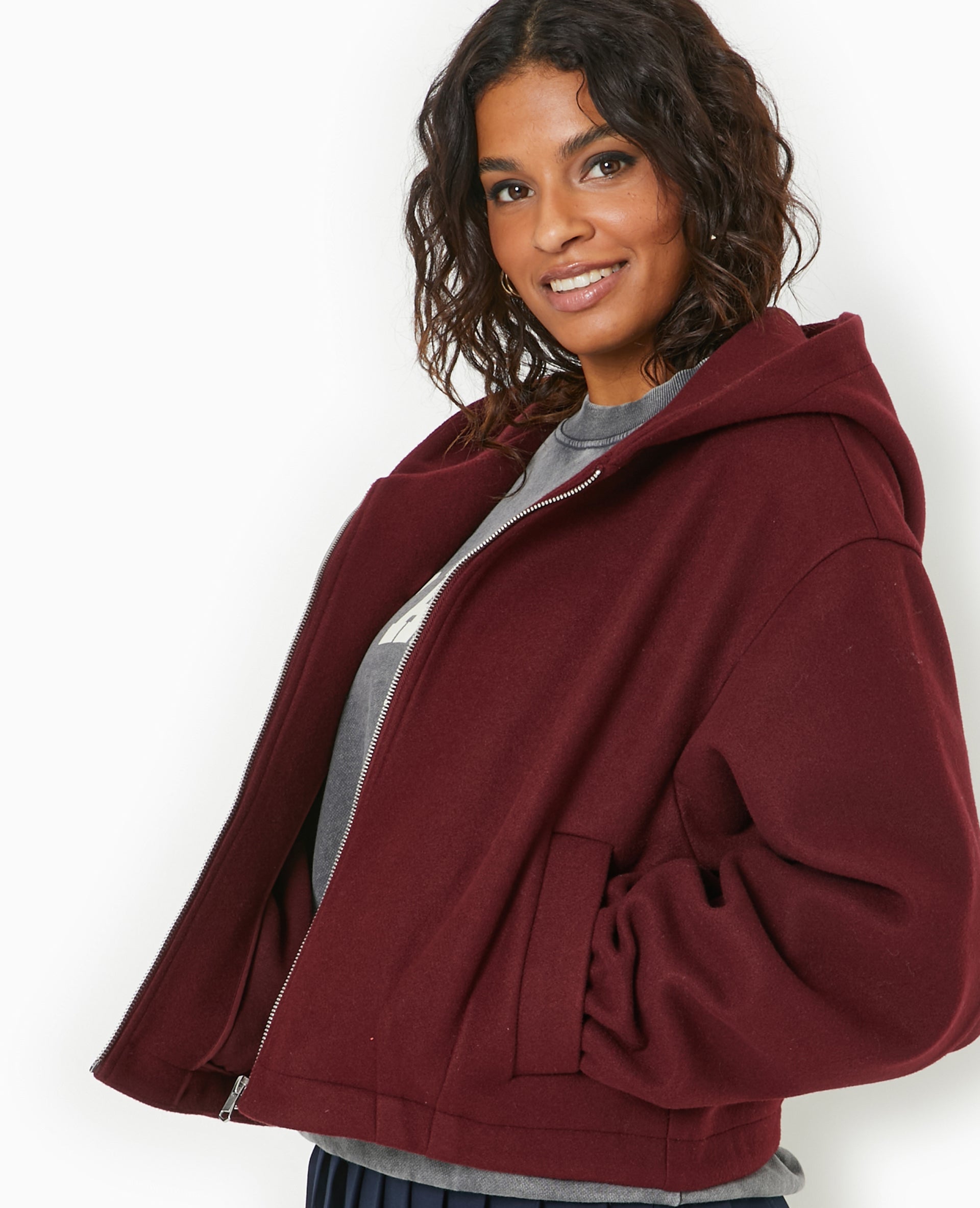 Blouson zippé avec capuche effet drap de laine