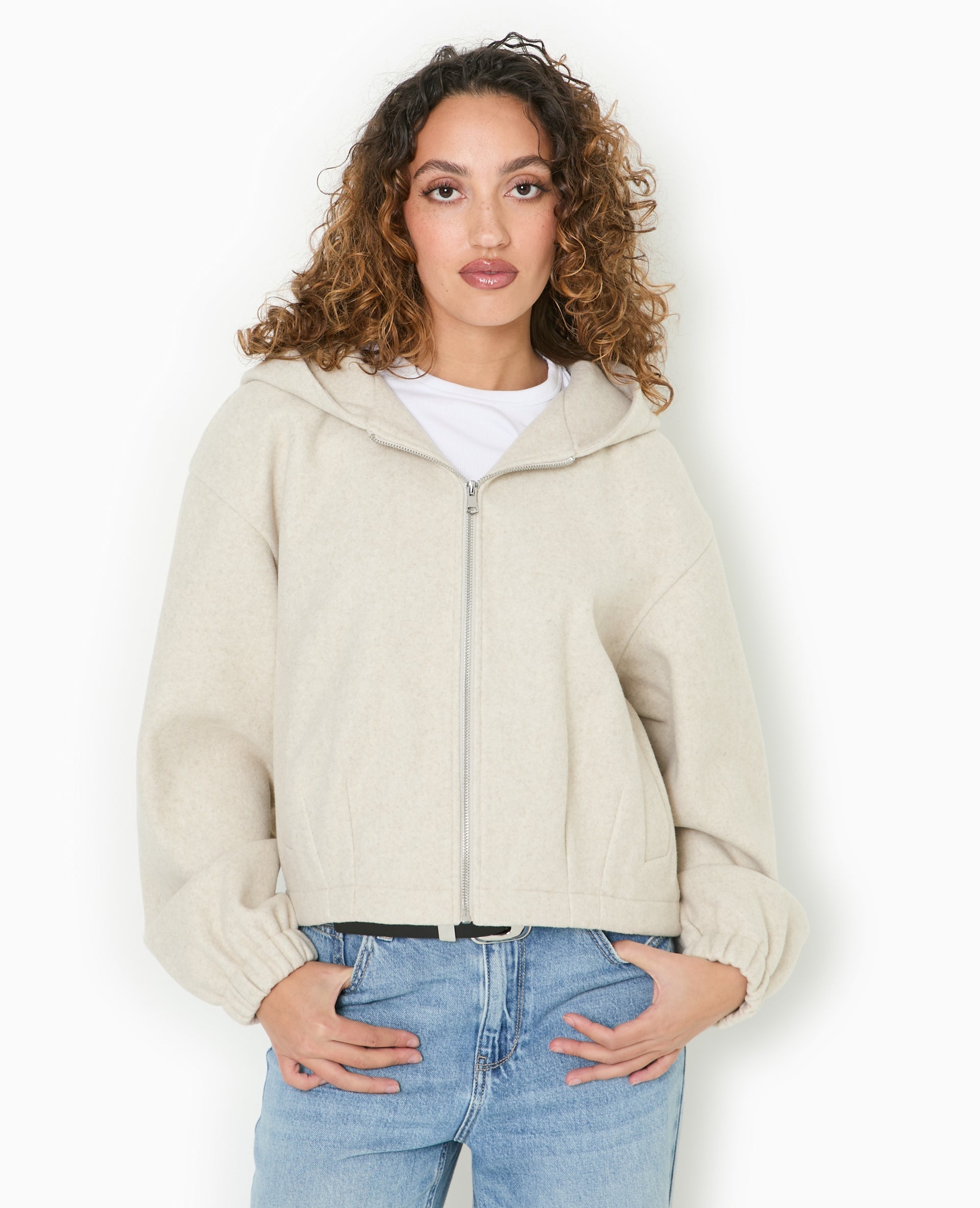 Blouson zippé avec capuche effet drap de laine