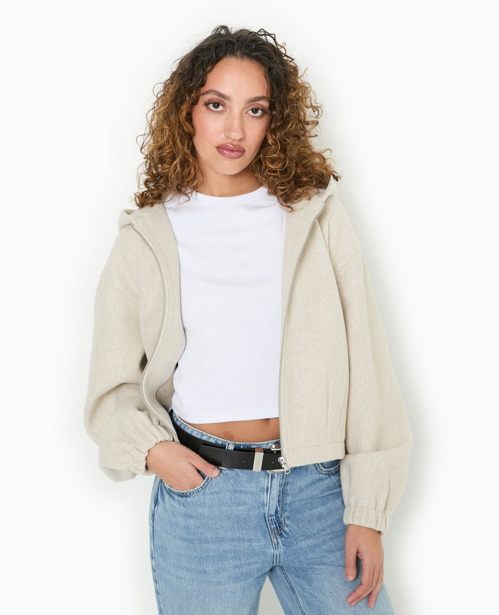 Blouson zippé avec capuche effet drap de laine