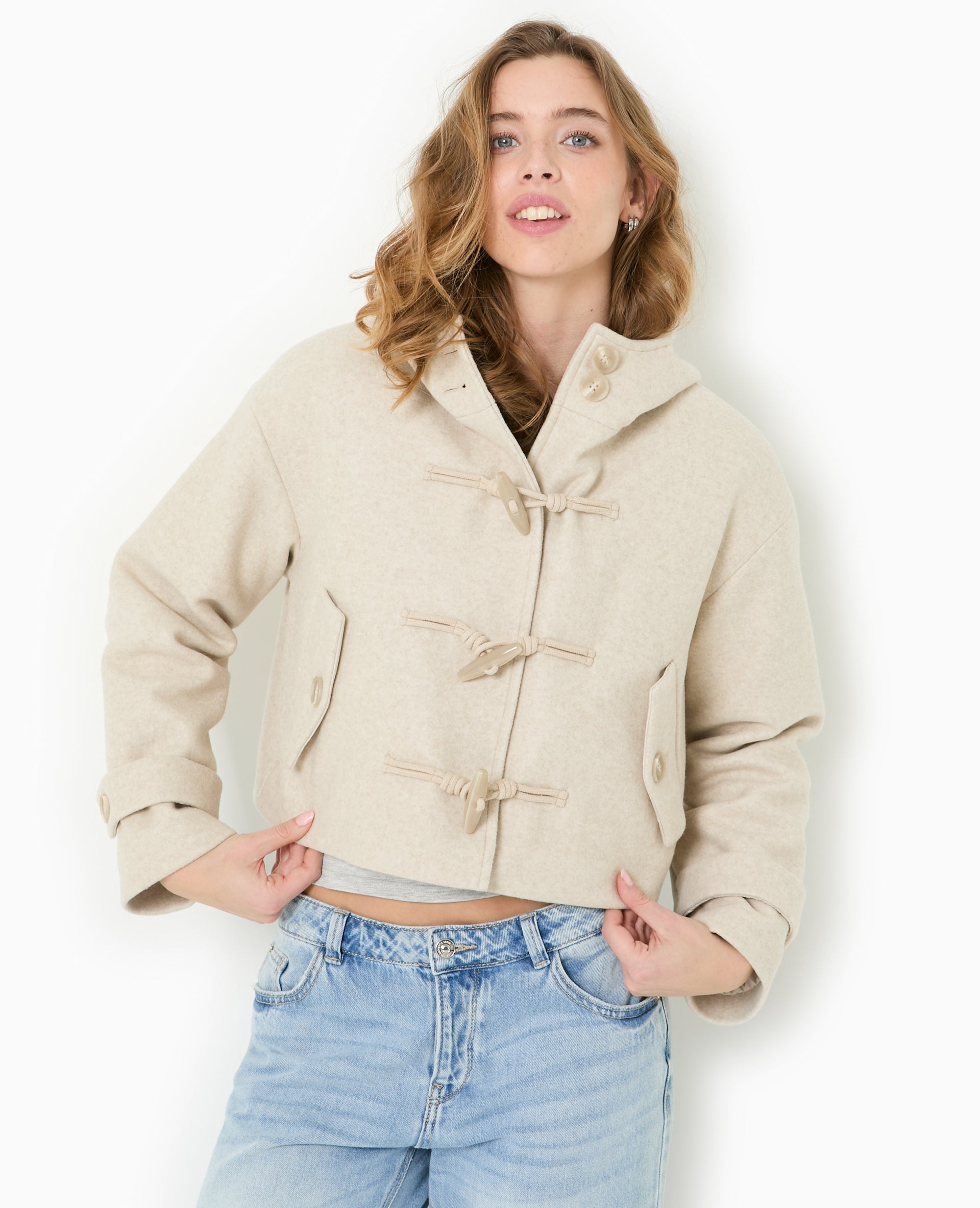 Manteau court effet drap de laine avec capuche