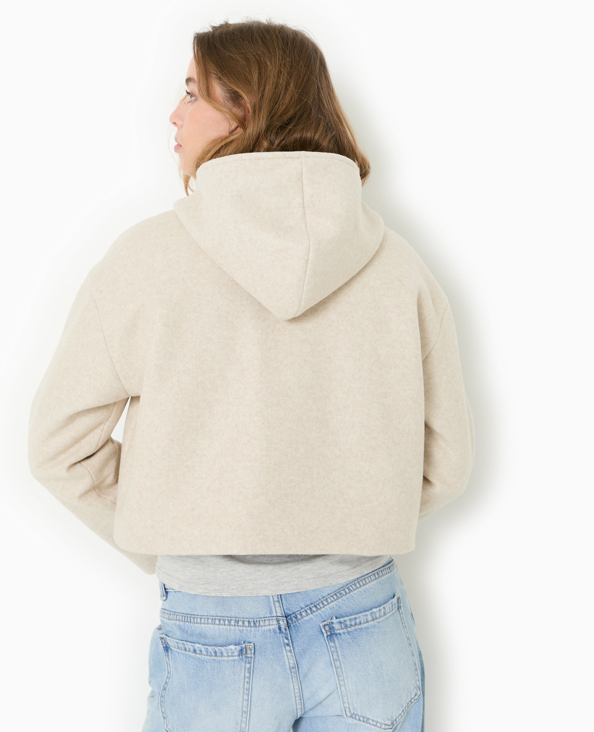 Manteau court effet drap de laine avec capuche