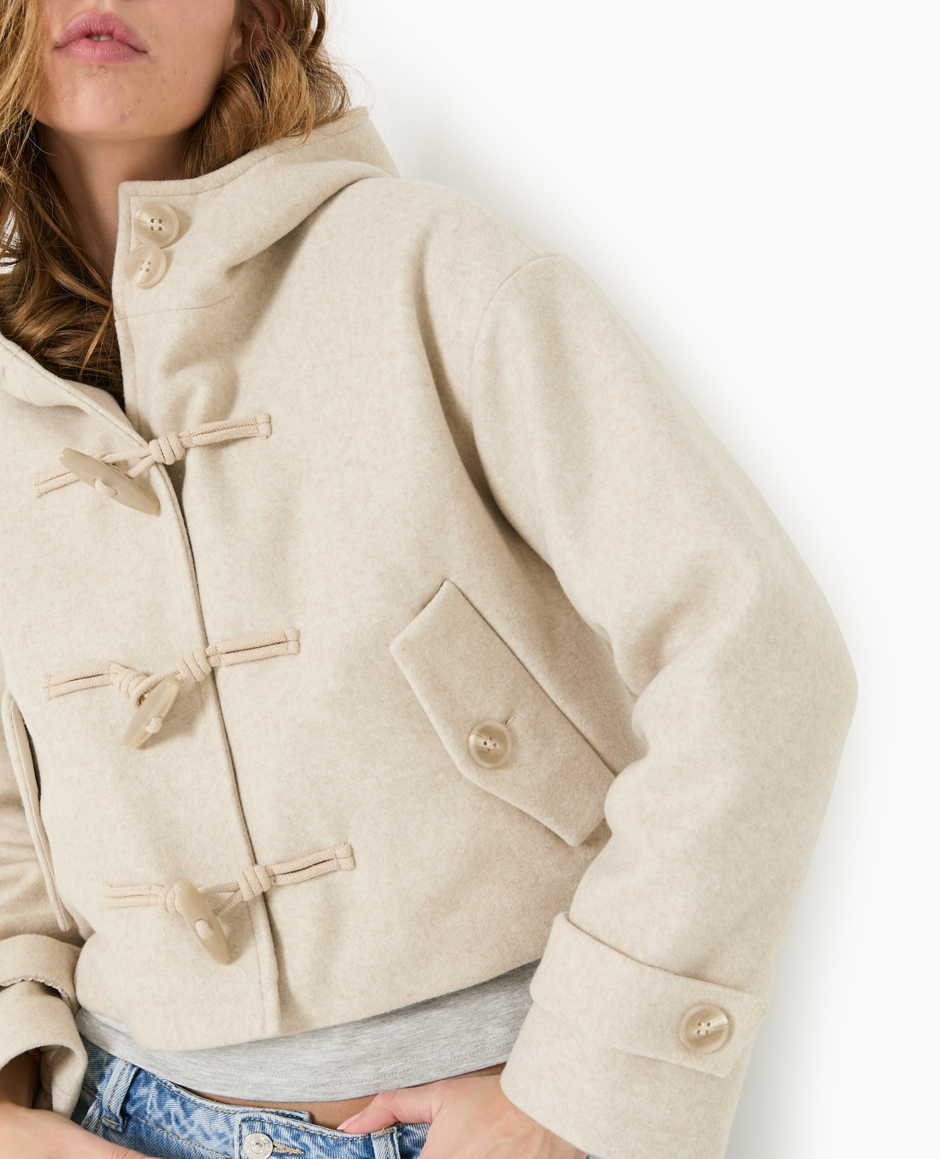 Manteau court effet drap de laine avec capuche