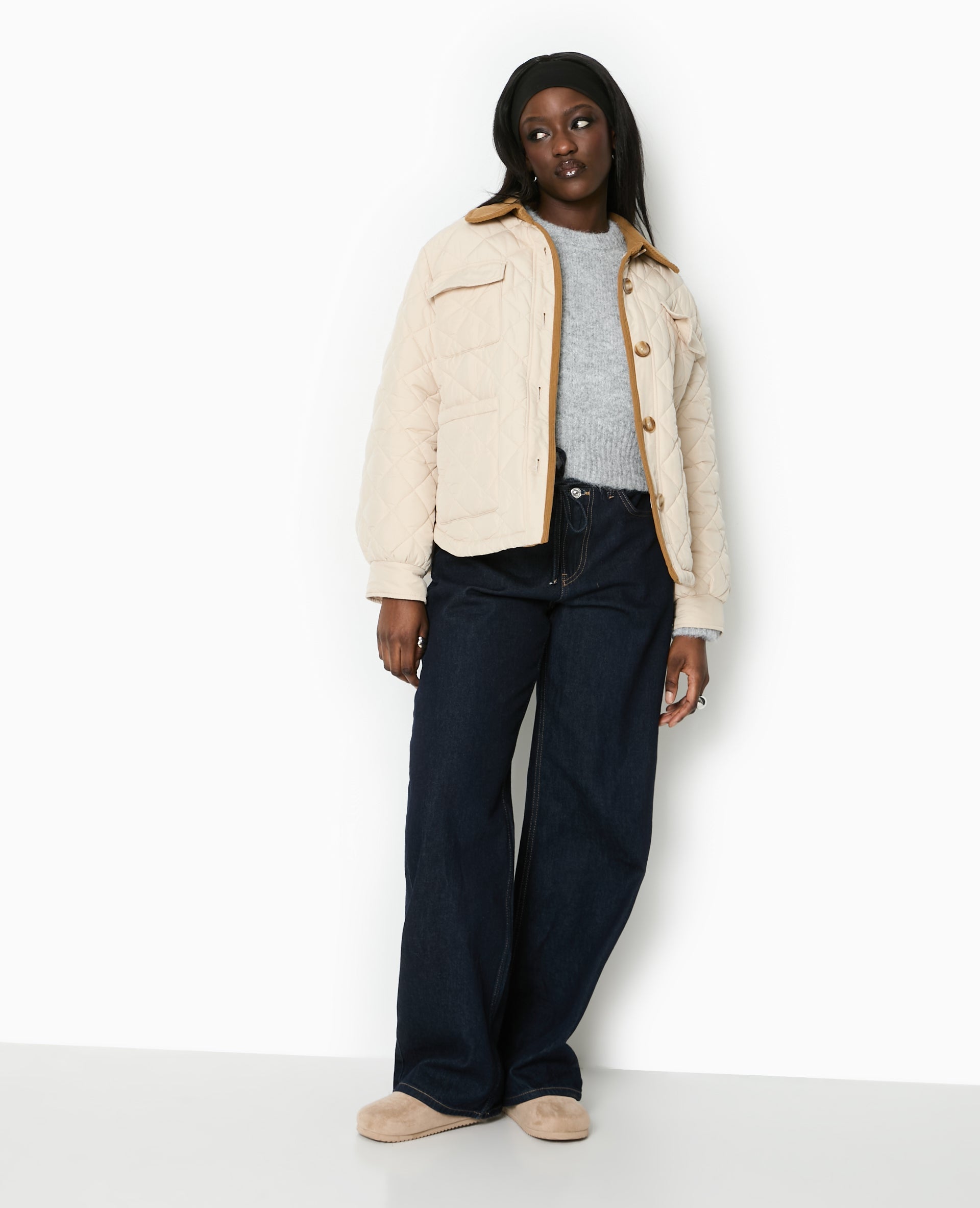 Manteau court matelassé avec col velours
