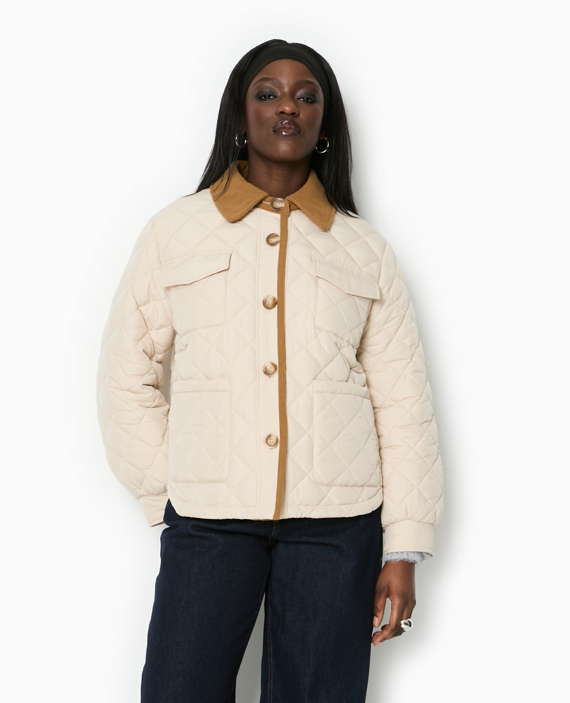 Manteau court matelassé avec col velours