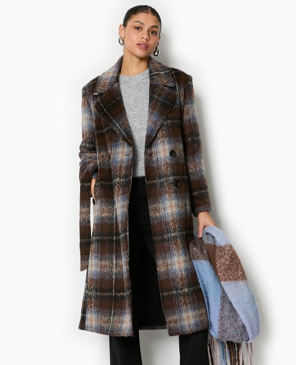 Manteau long à carreaux effet drap de laine