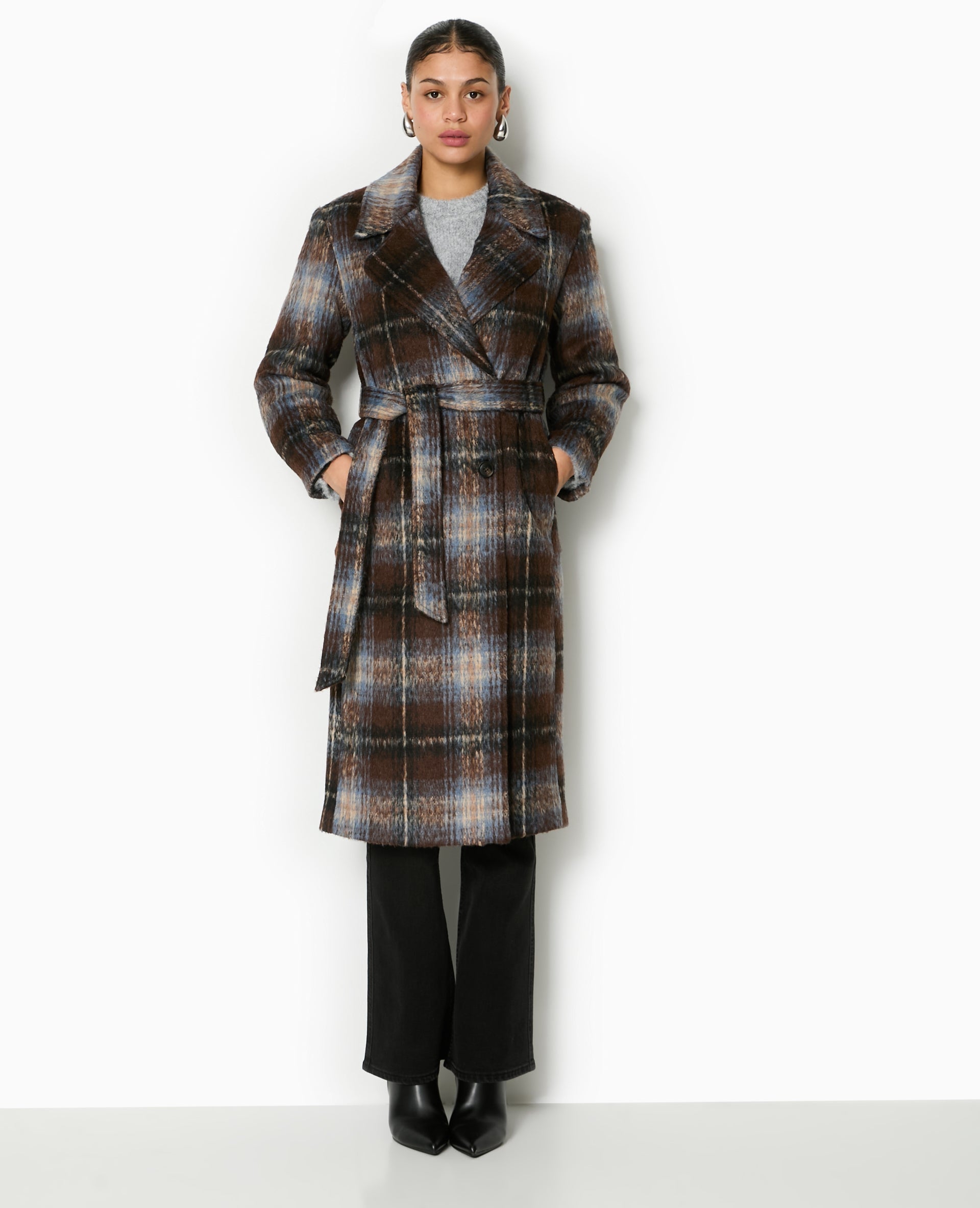 Manteau long à carreaux effet drap de laine