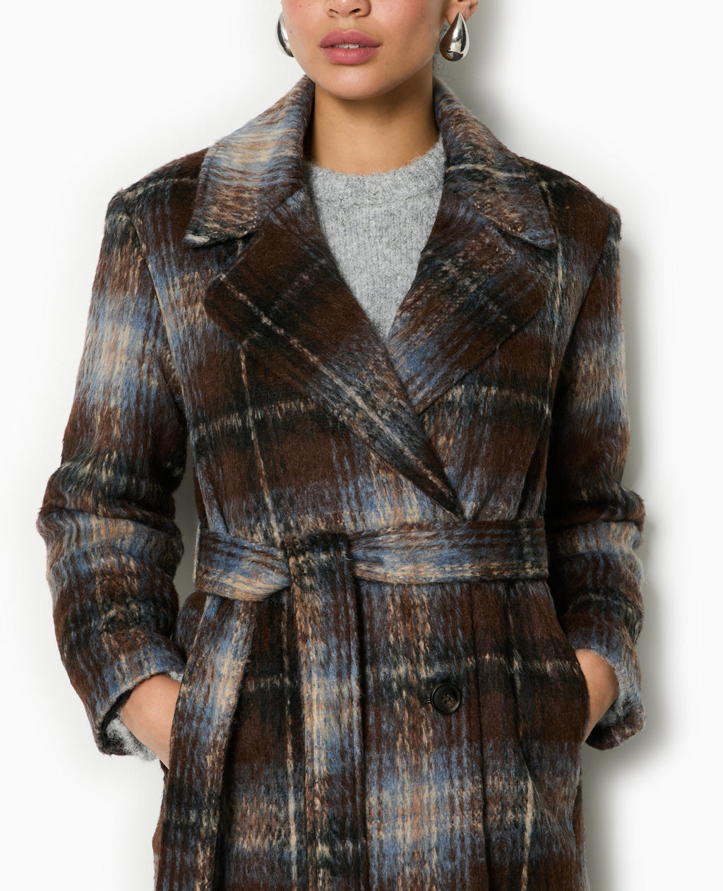 Manteau long à carreaux effet drap de laine