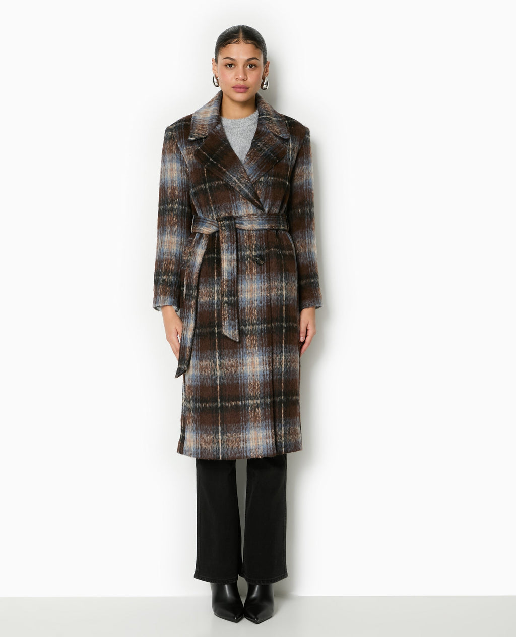 Manteau long à carreaux effet drap de laine