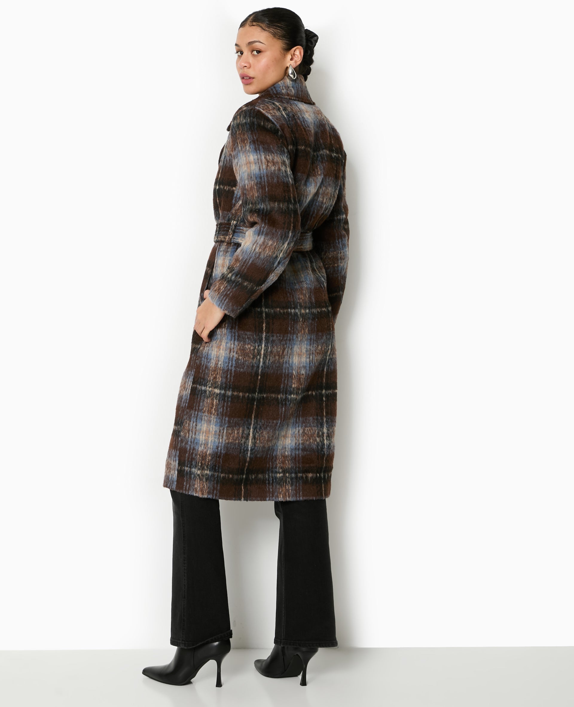 Manteau long à carreaux effet drap de laine