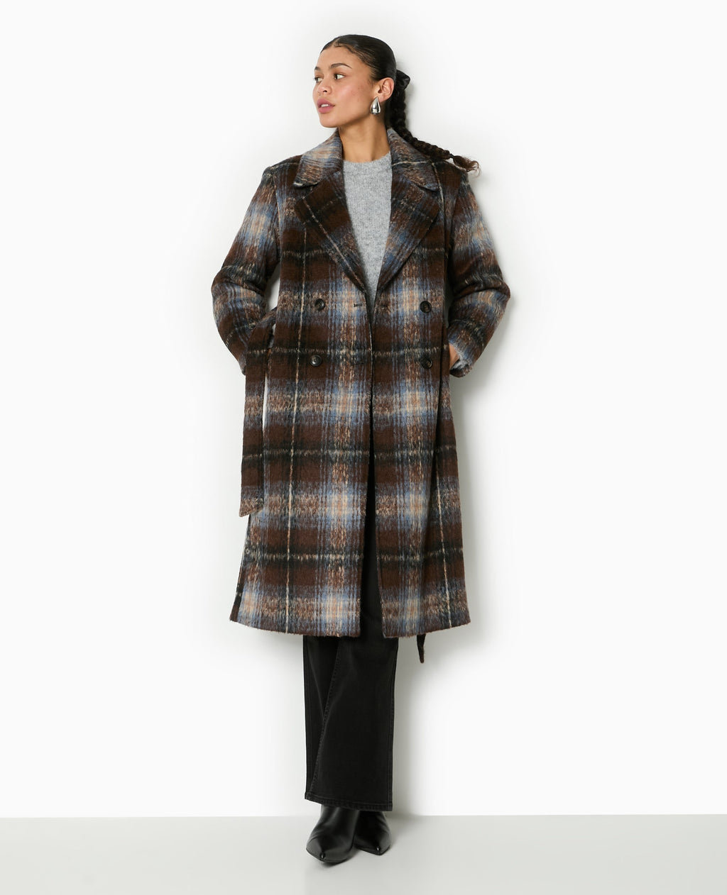Manteau long à carreaux effet drap de laine