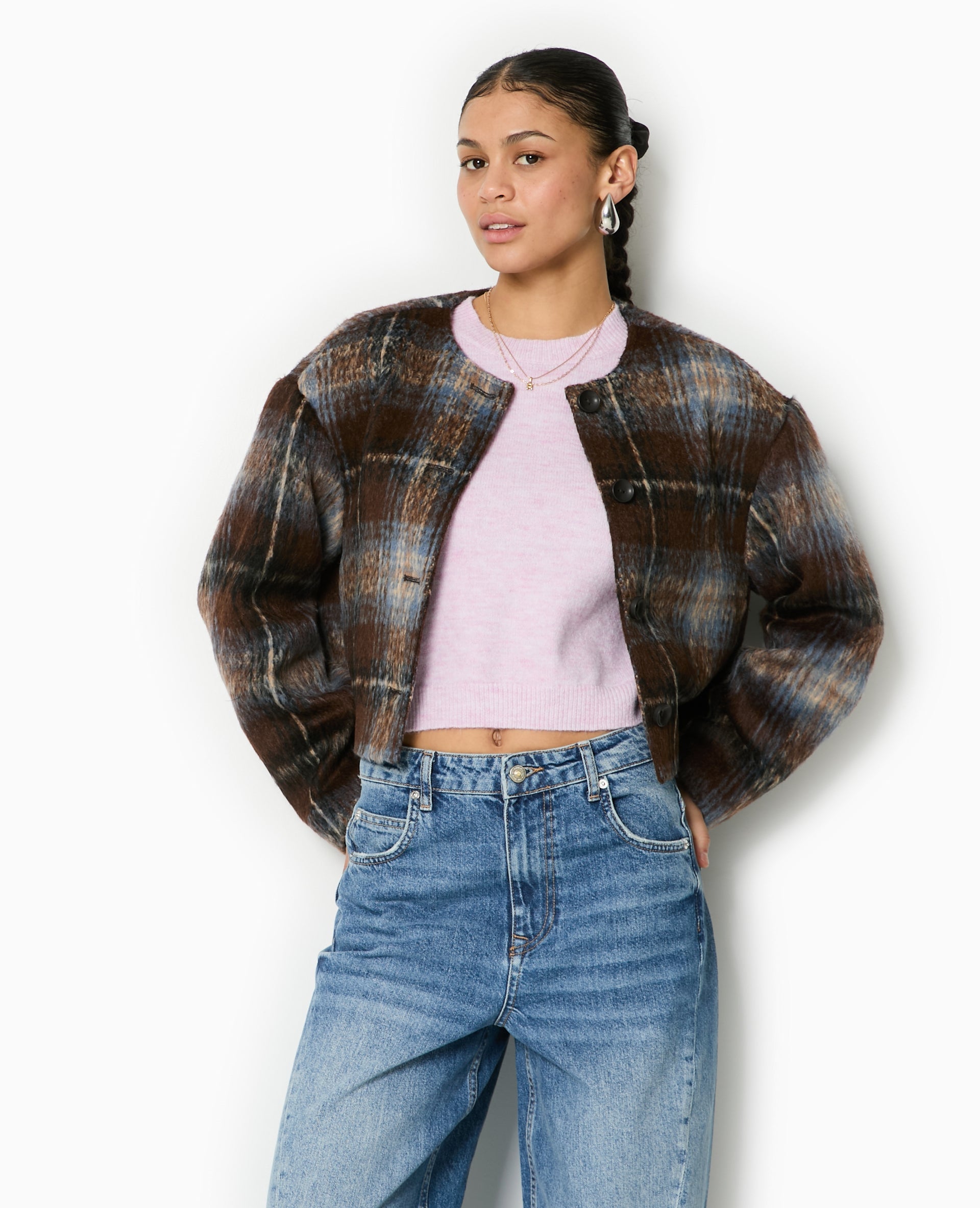 Manteau court à carreaux effet drap de laine