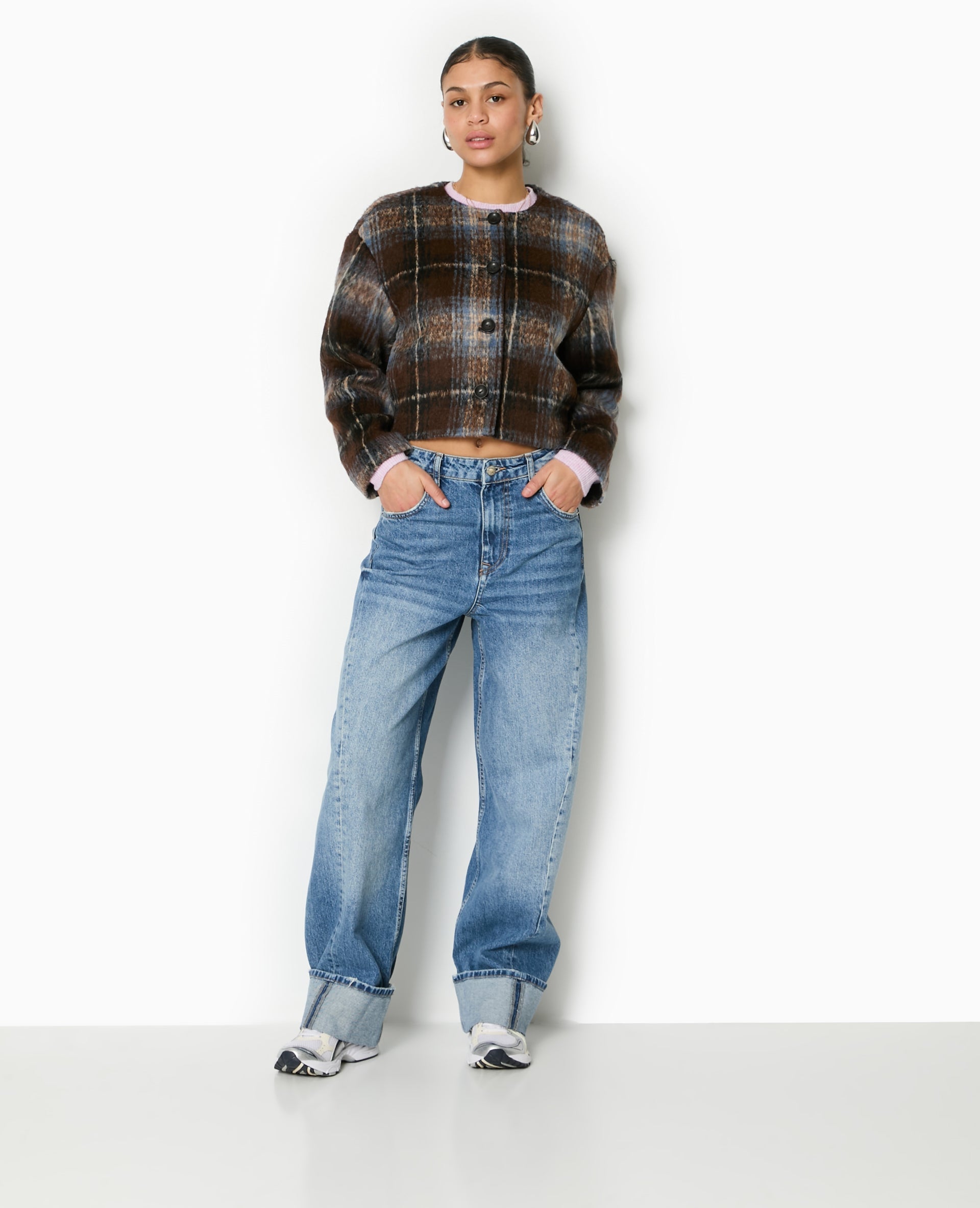 Manteau court à carreaux effet drap de laine