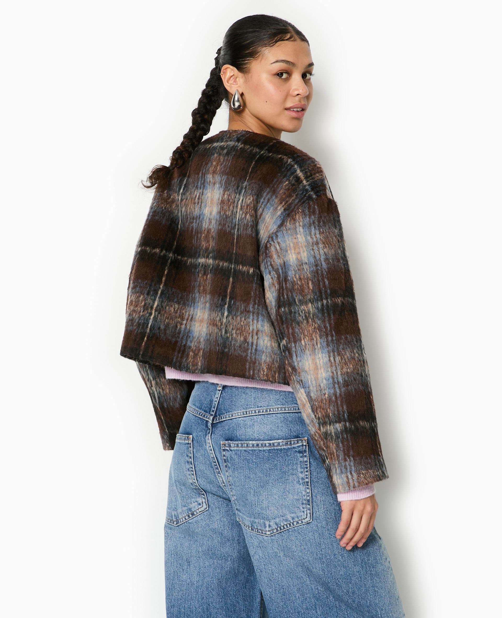 Manteau court à carreaux effet drap de laine