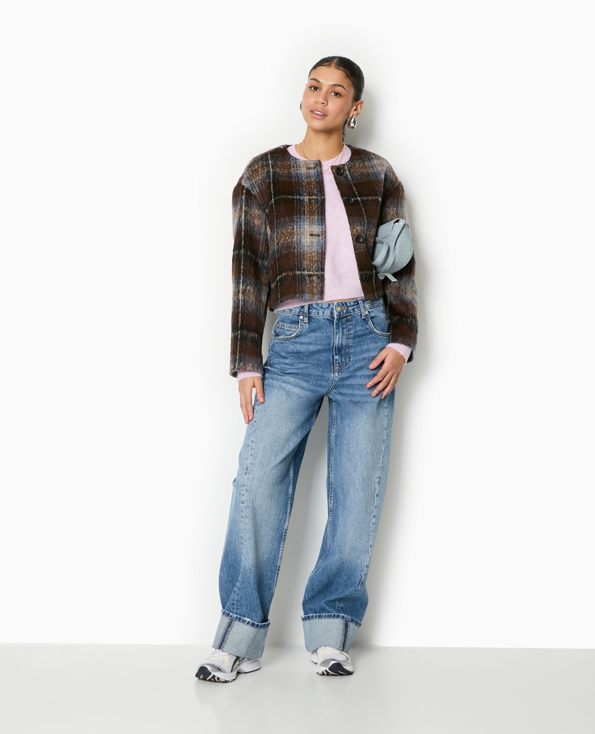 Manteau court à carreaux effet drap de laine