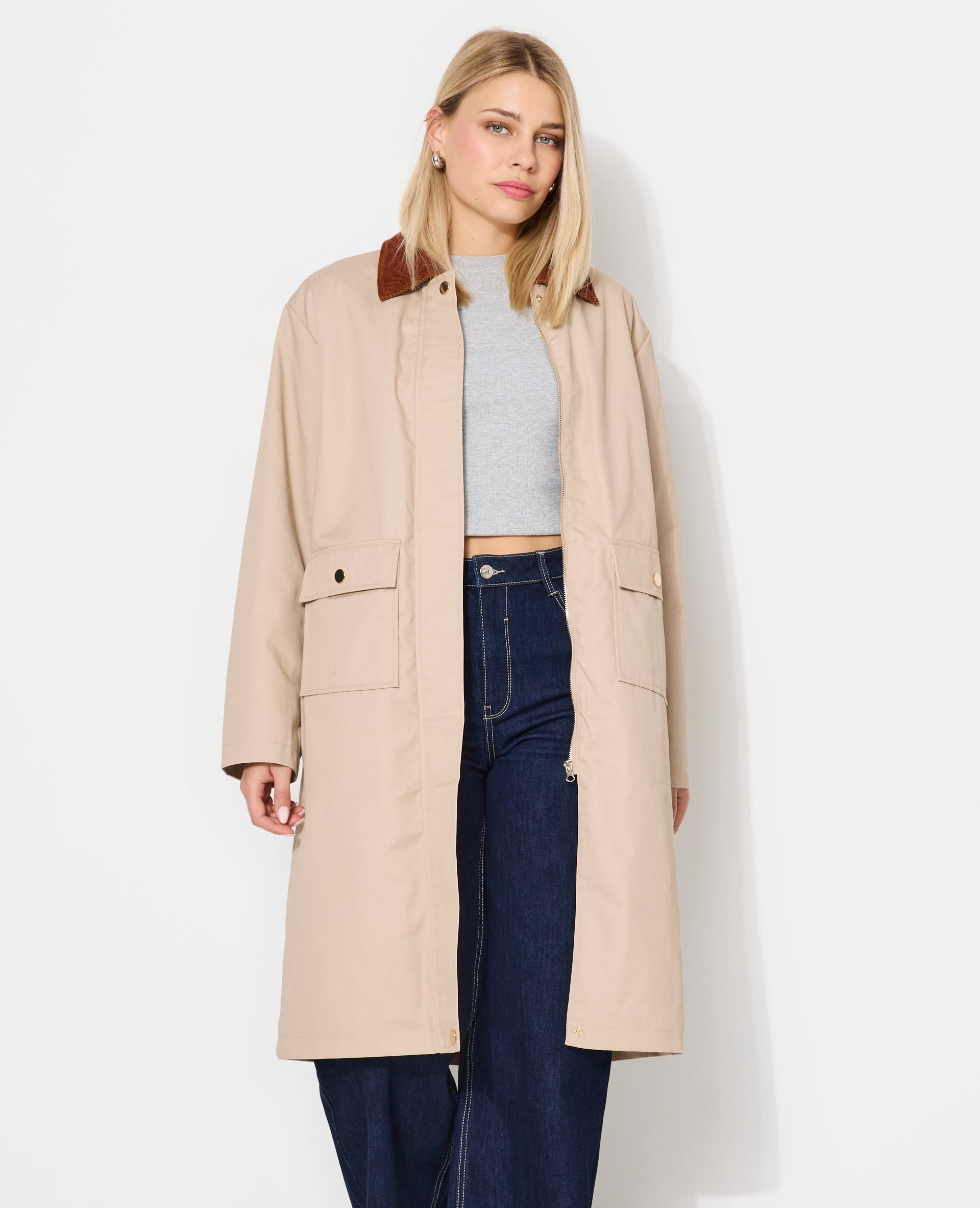 Manteau long en toile avec col velours