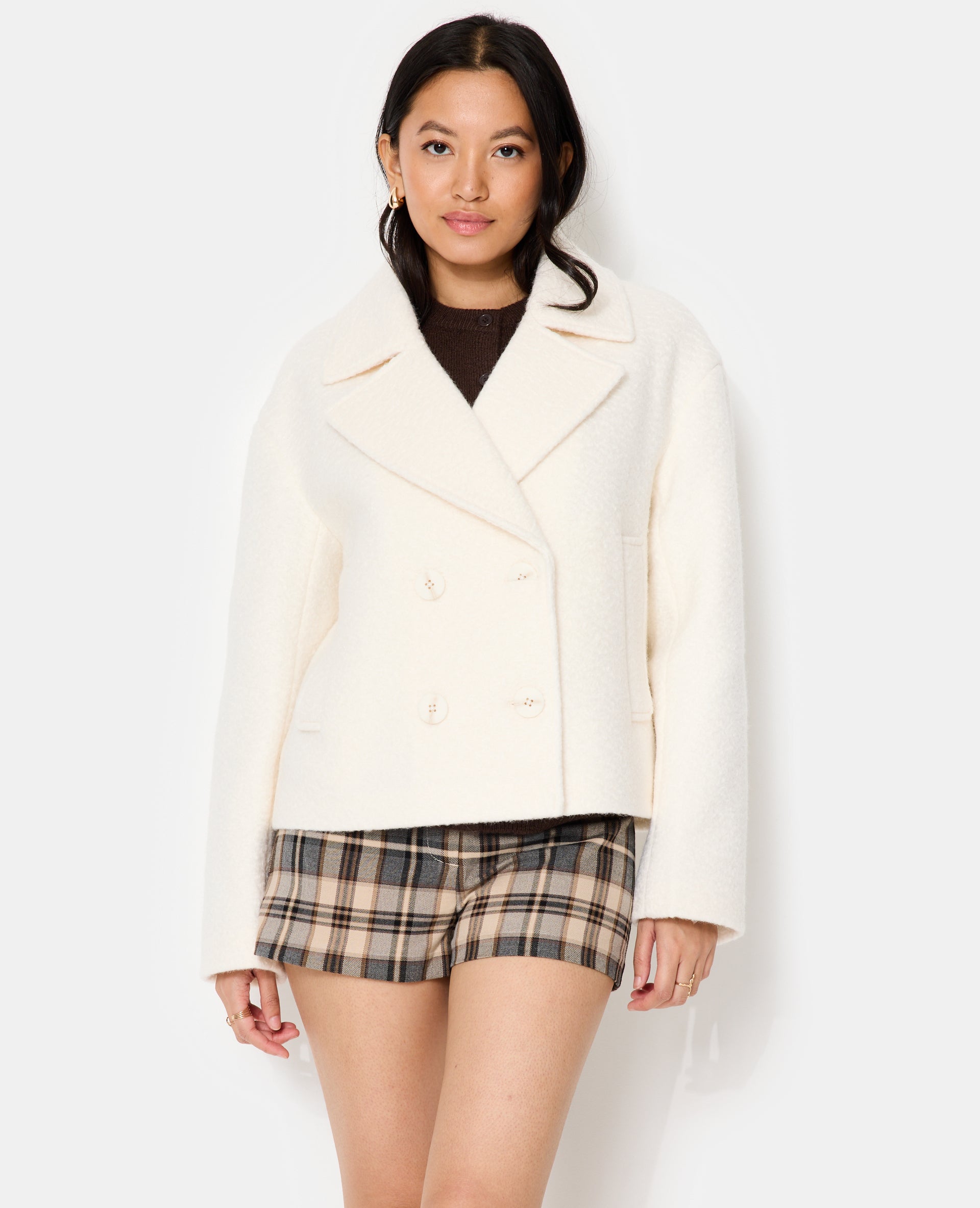 Blouson caban effet drap de laine bouclée