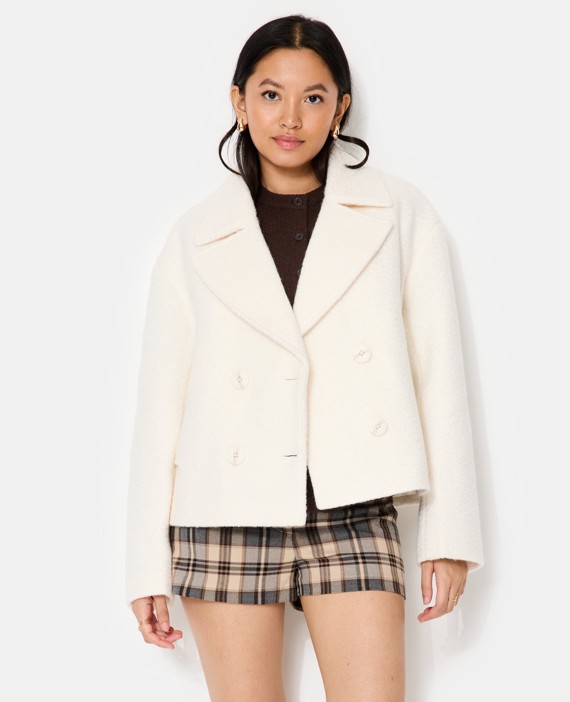 Blouson caban effet drap de laine bouclée