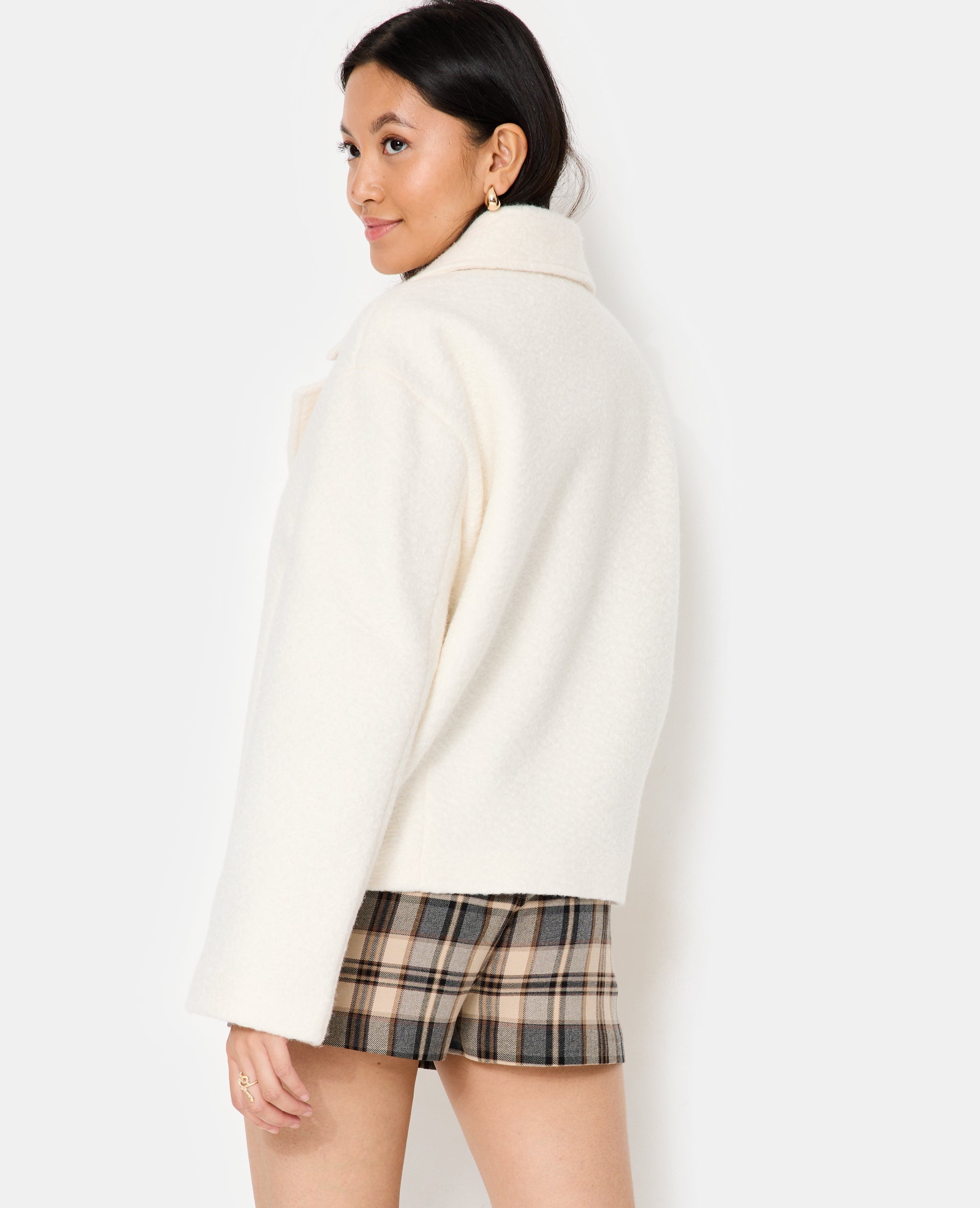 Blouson caban effet drap de laine bouclée