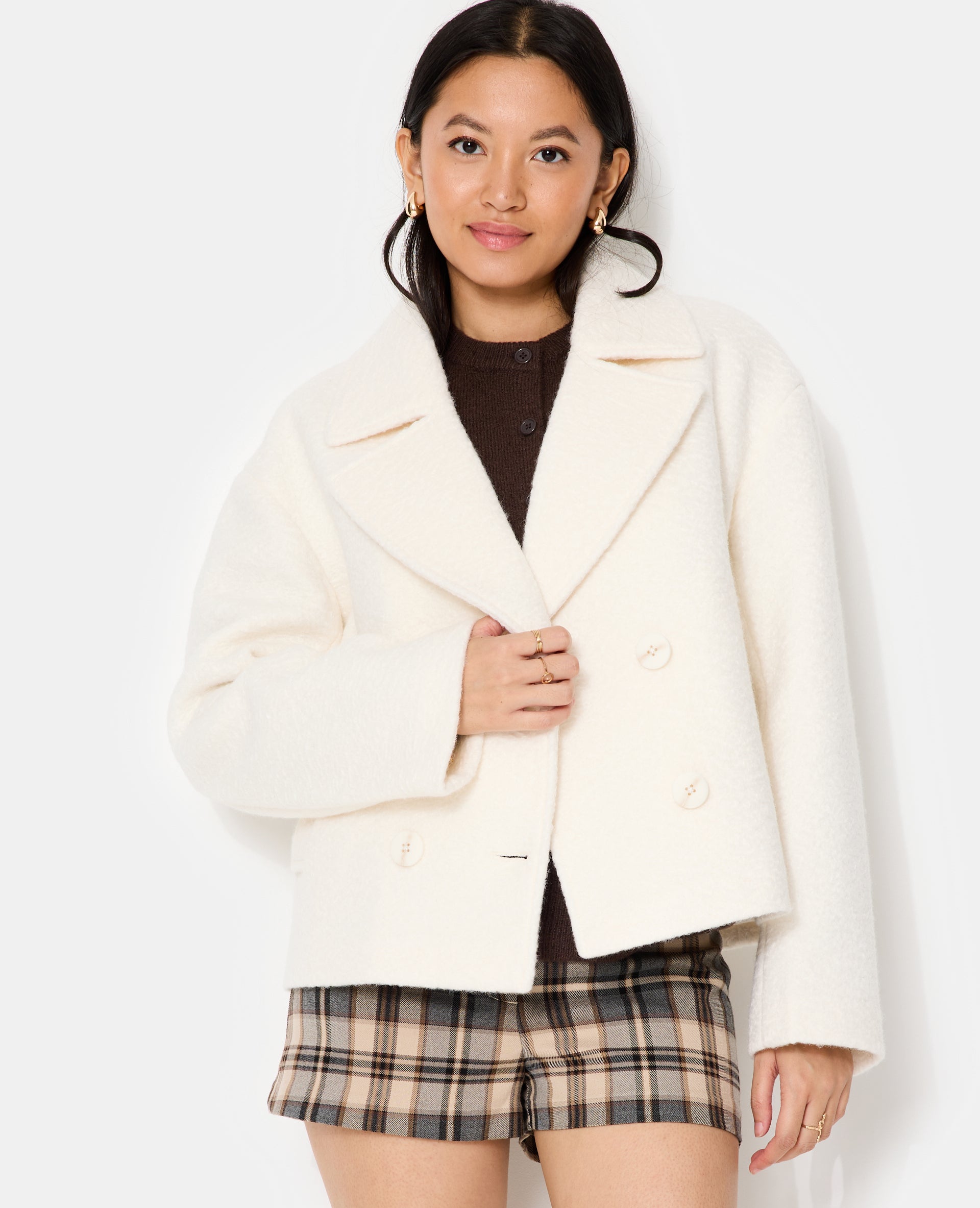 Blouson caban effet drap de laine bouclée