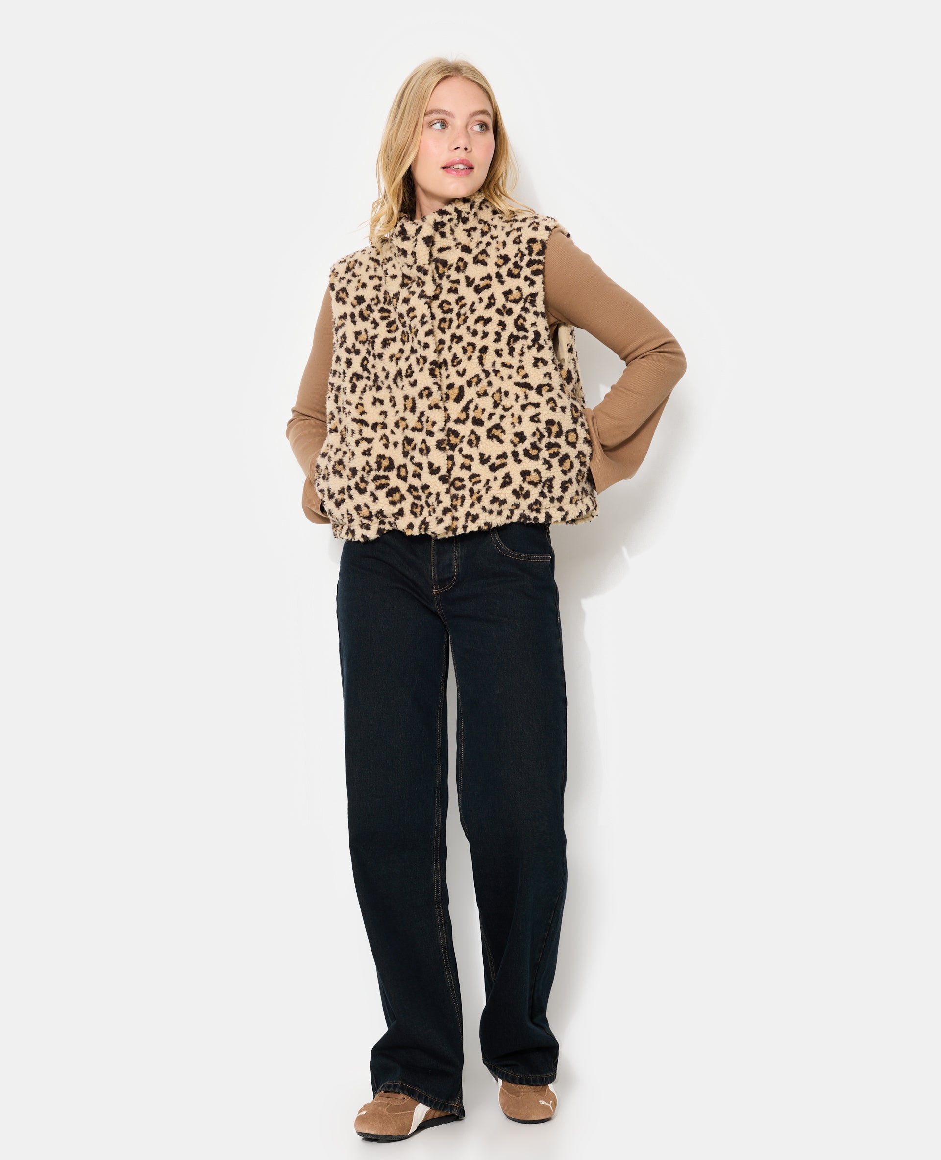 Veste sans manches en sherpa motif léopard
