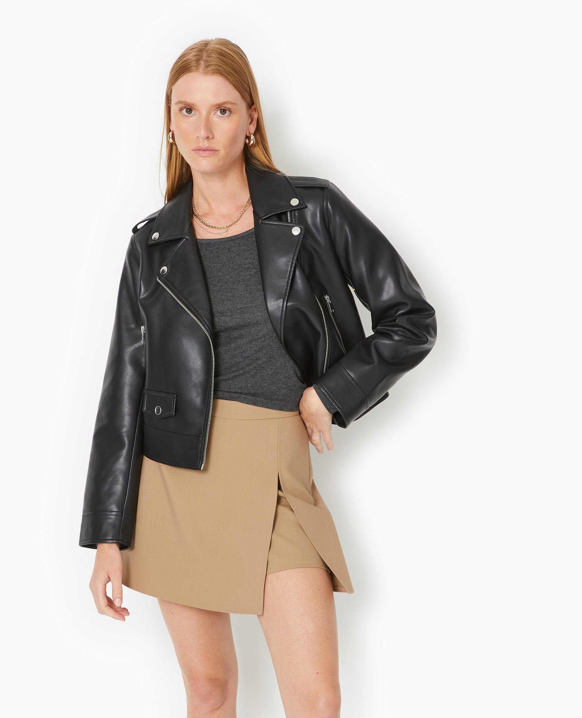 Blouson biker court en simili cuir