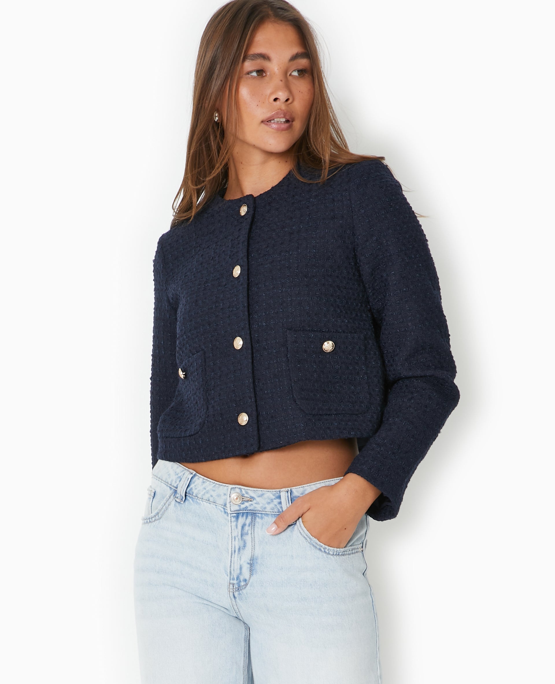Veste droite en tweed avec boutons dorés
