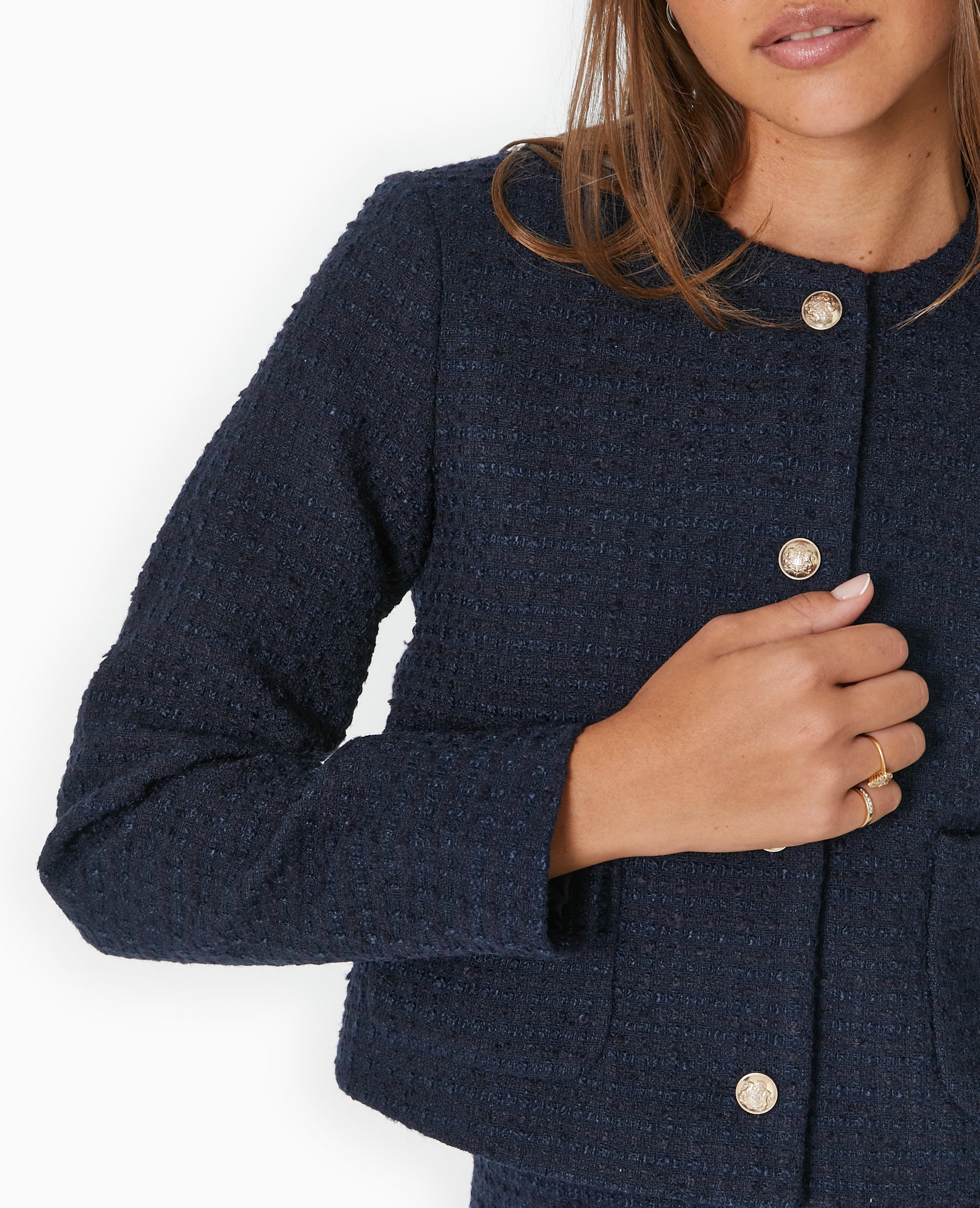 Veste droite en tweed avec boutons dorés