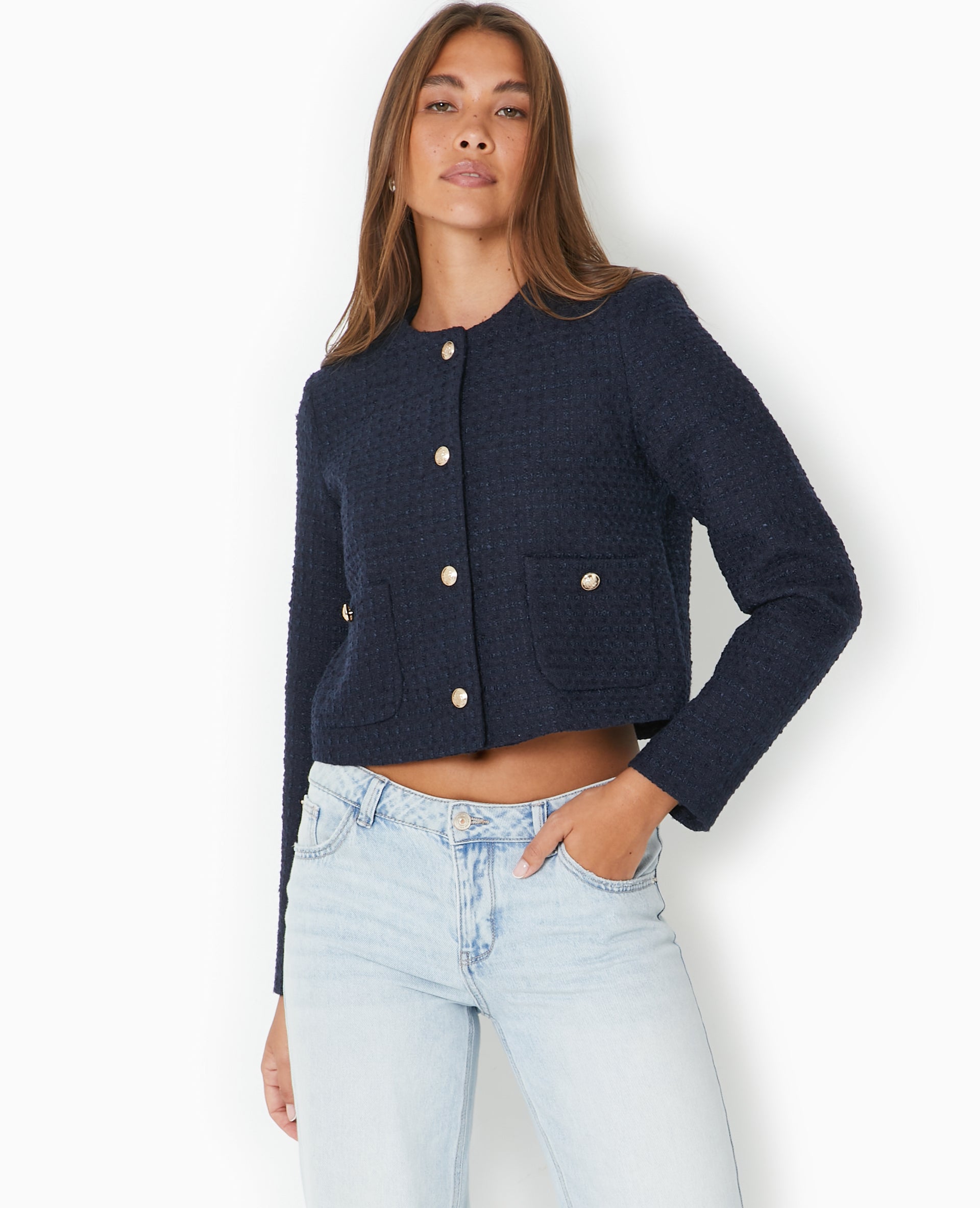 Veste droite en tweed avec boutons dorés