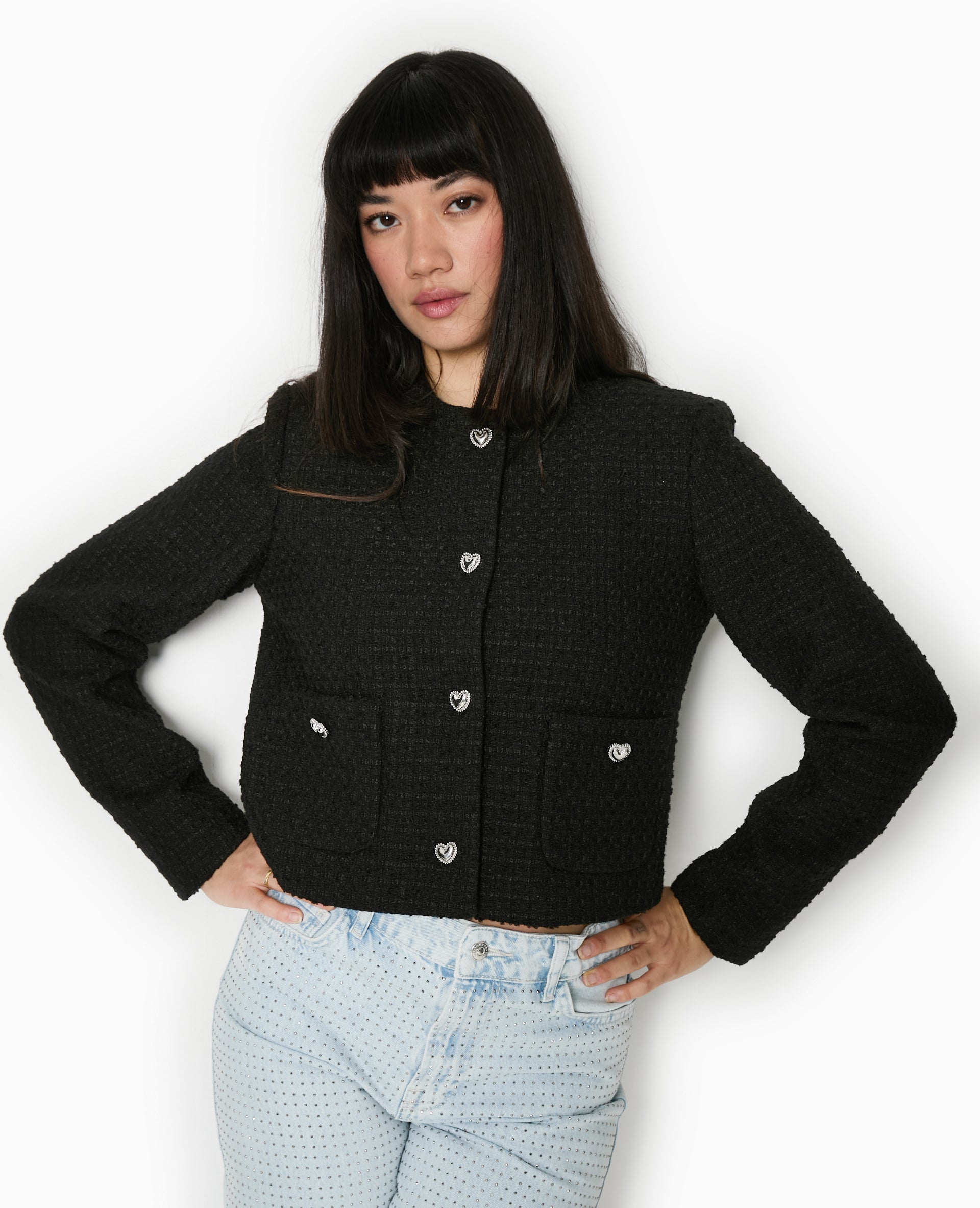 Veste courte en tweed avec boutons cœur