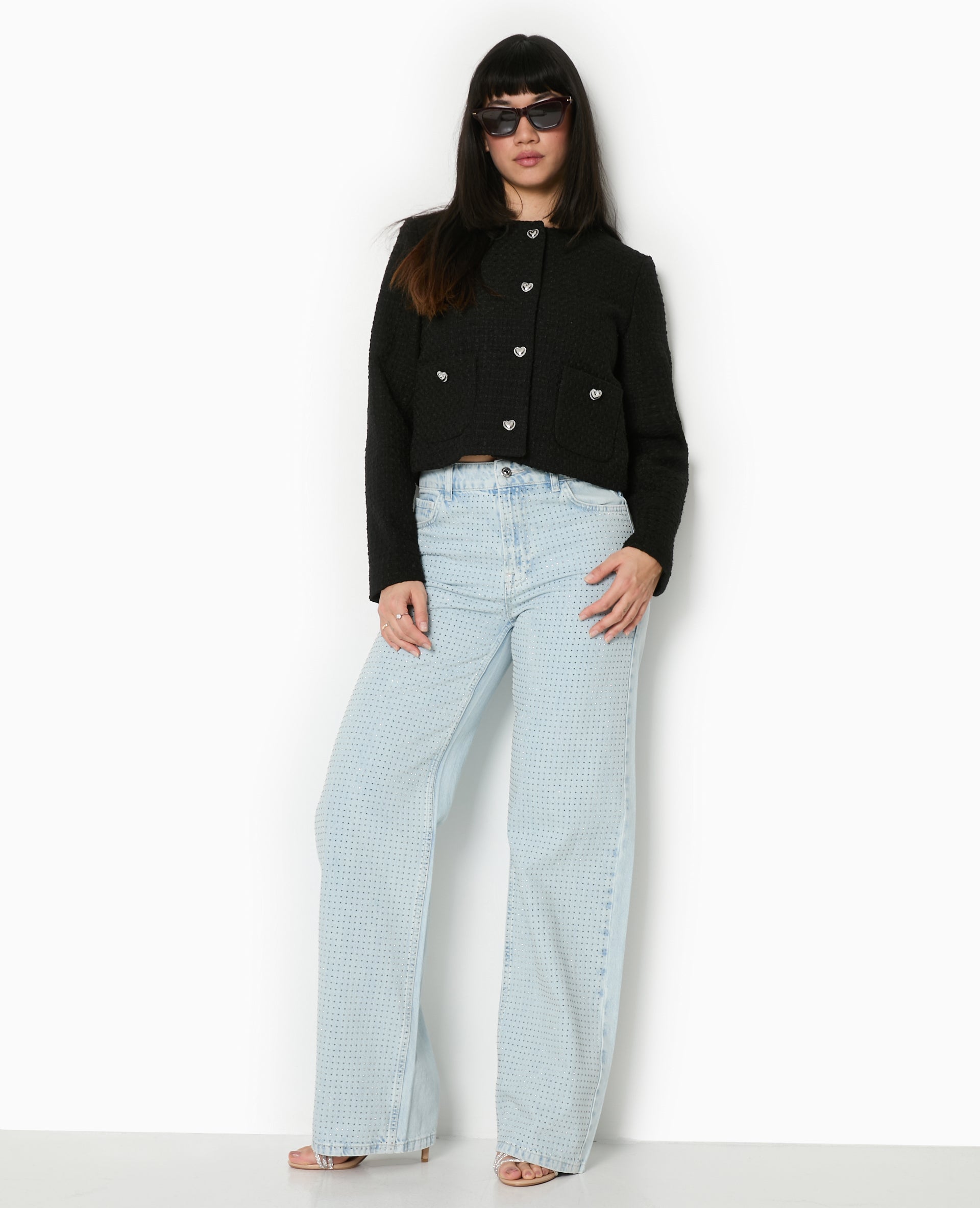 Veste courte en tweed avec boutons cœur