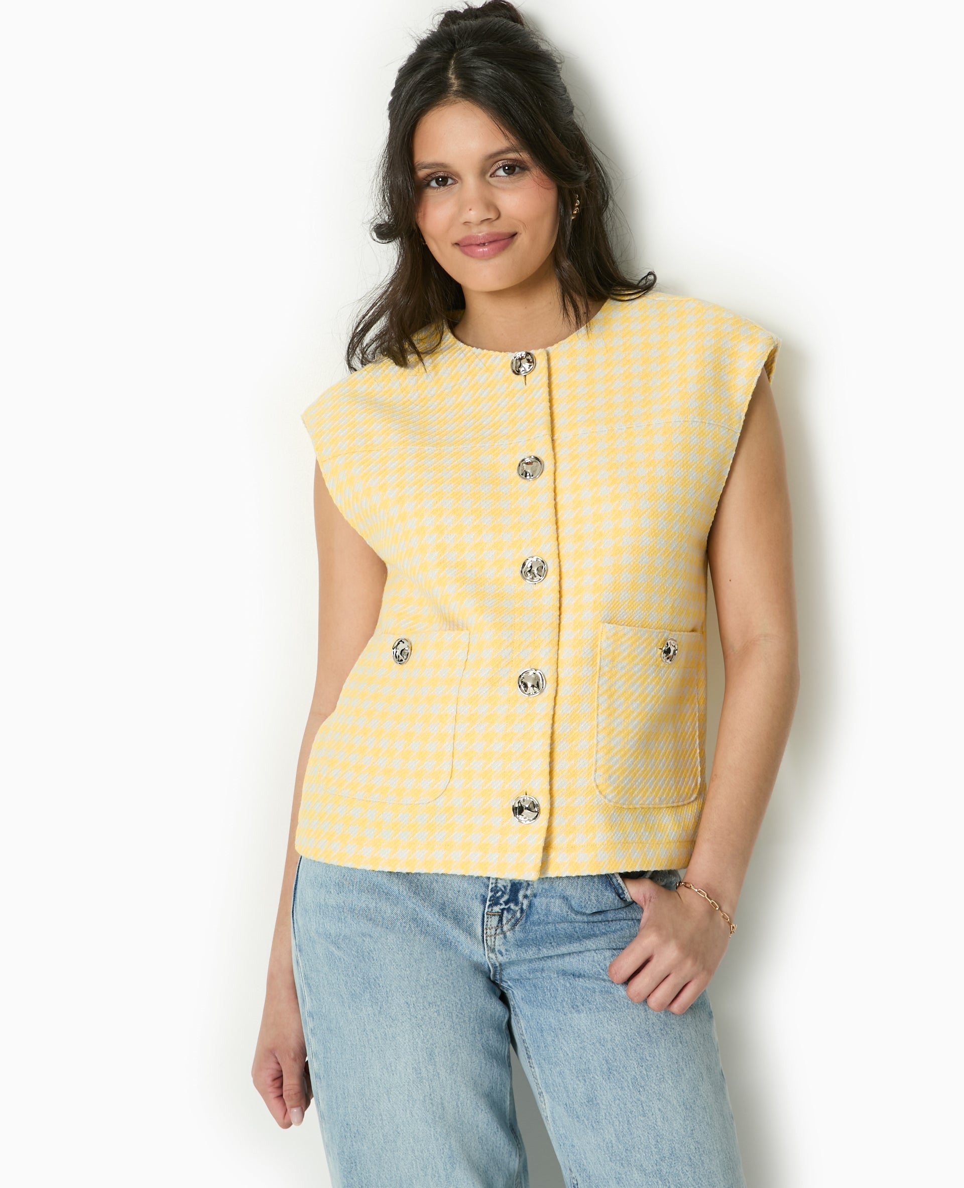 Veste sans manches en tweed motif pied-de-poule