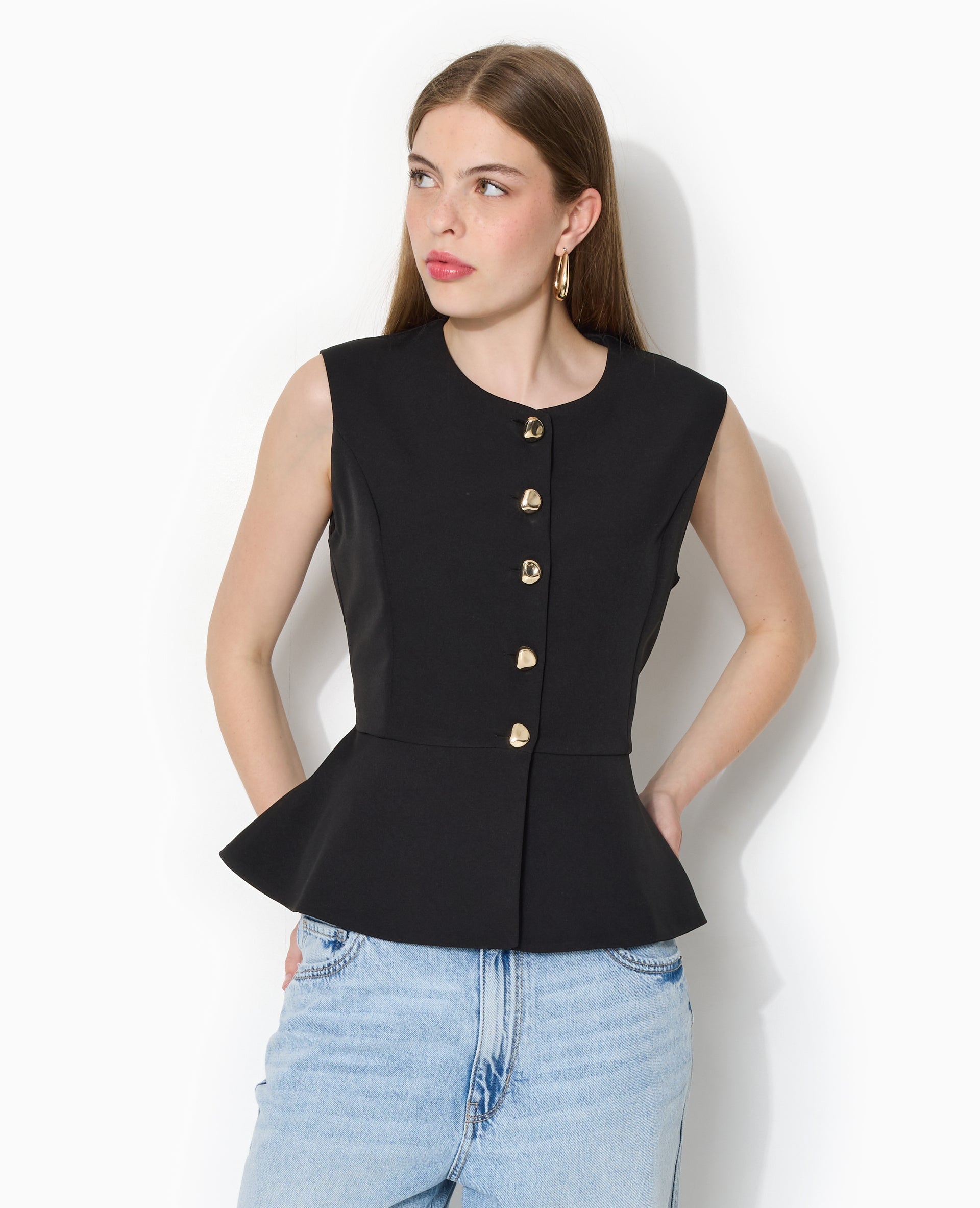 Veste sans manches peplum avec boutons fantaisie