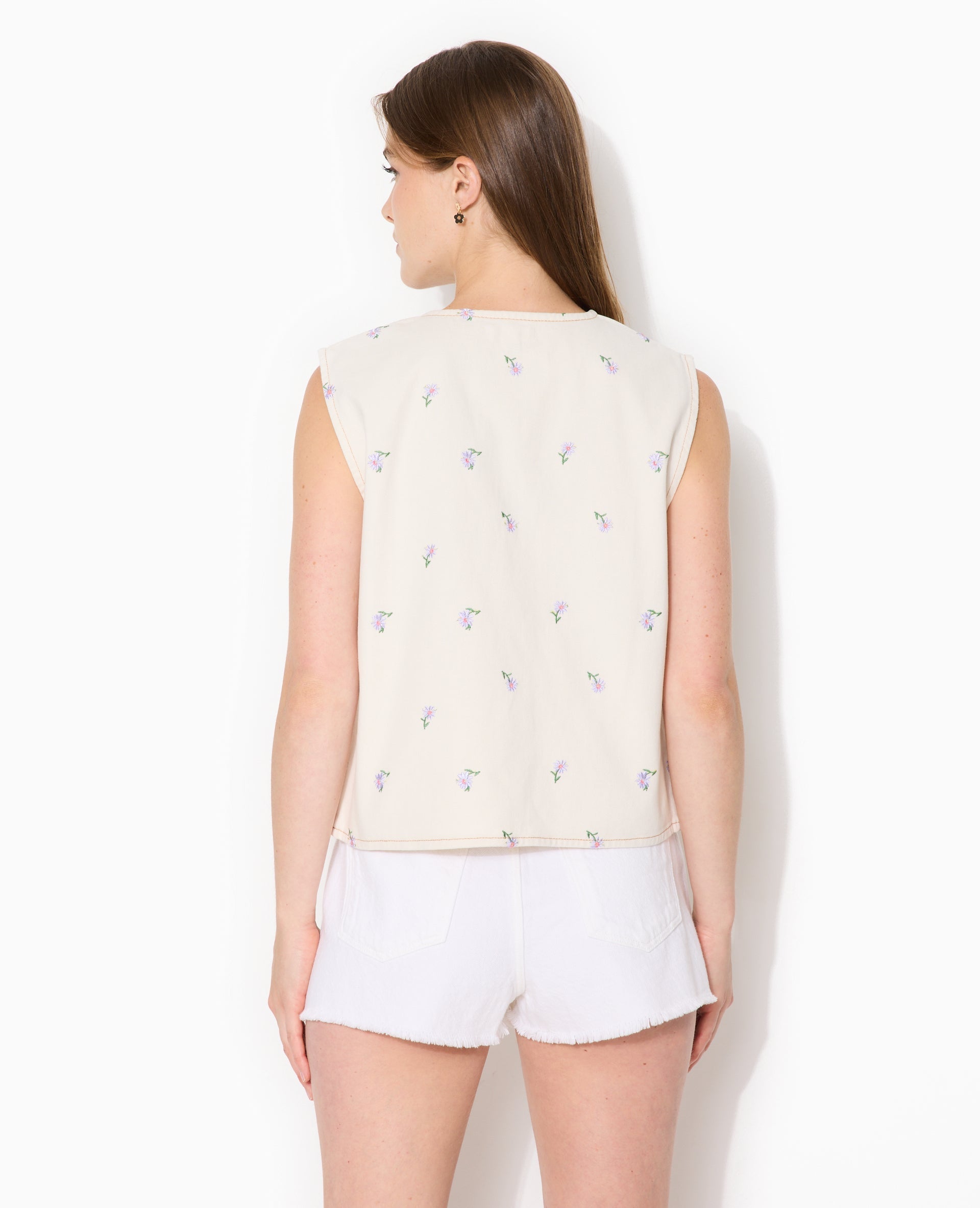Veste sans manche en jean avec broderies fleurs