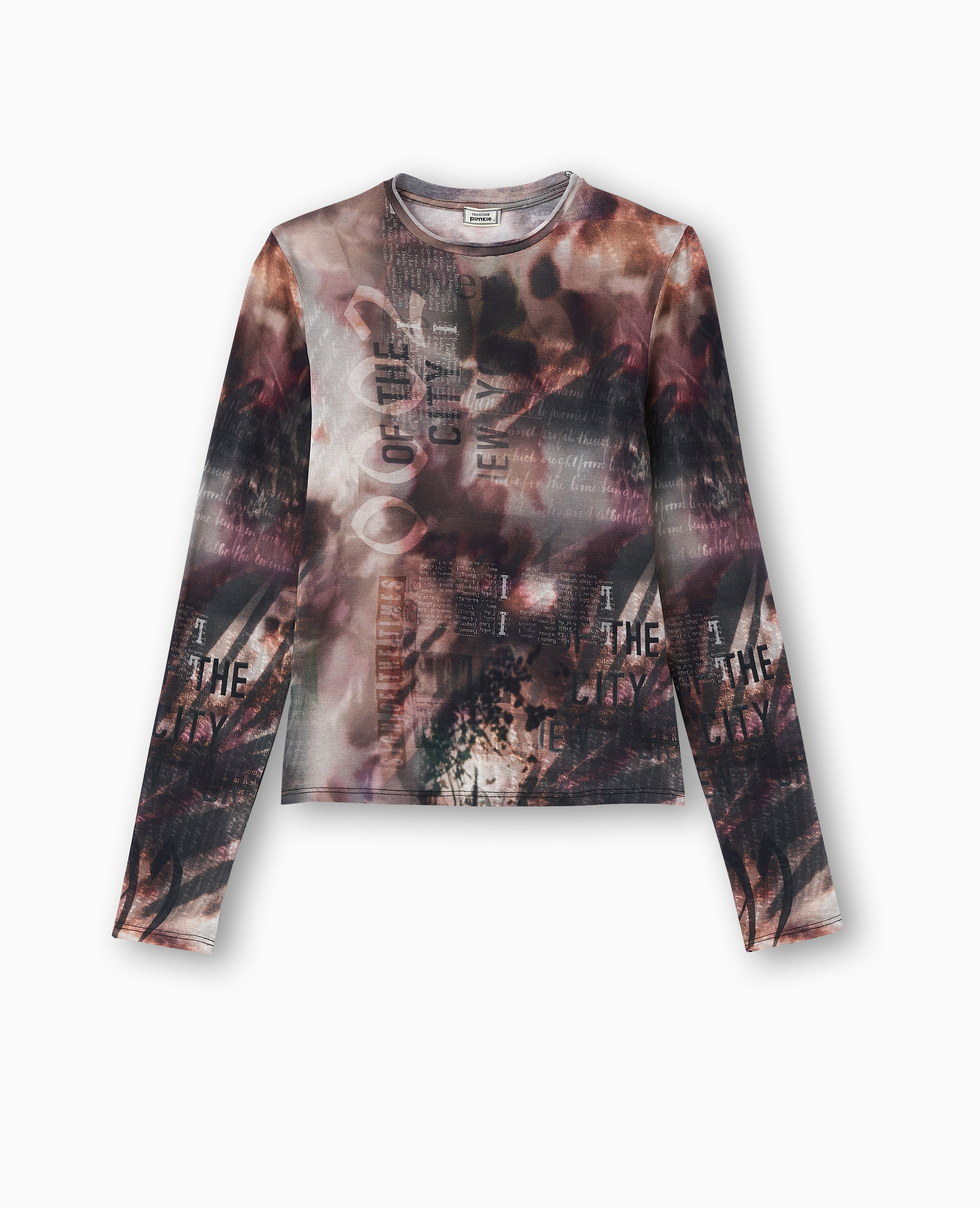Top manches longues col roulotté motif lettres